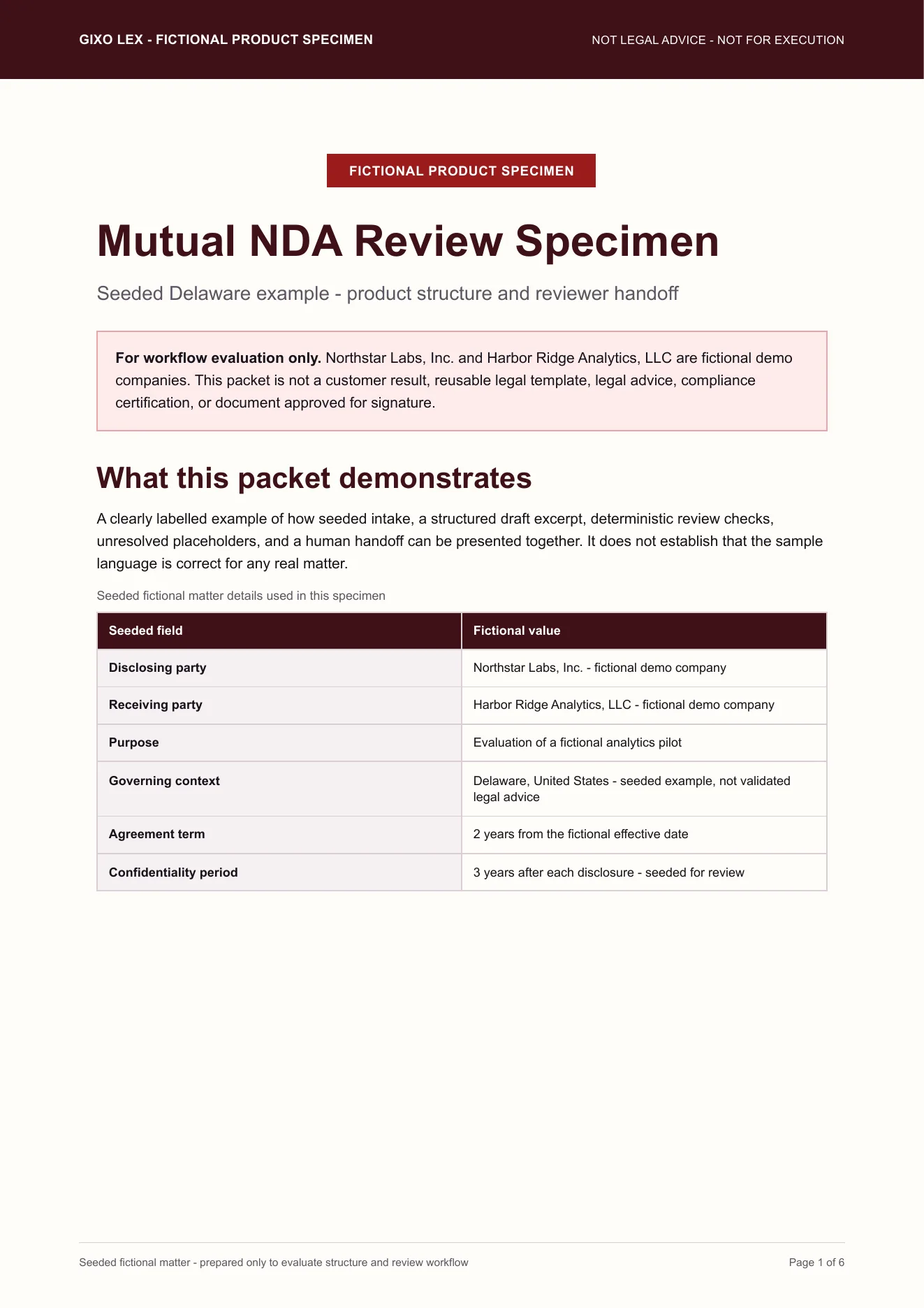 First page of the fictional Lex Mutual NDA review specimen PDF, labelled not for execution