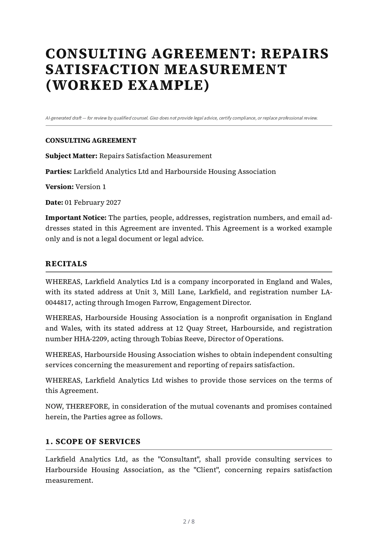 The first page of the consulting agreement Lex drafted: the title, the worked-example notice, the parties and the recitals.