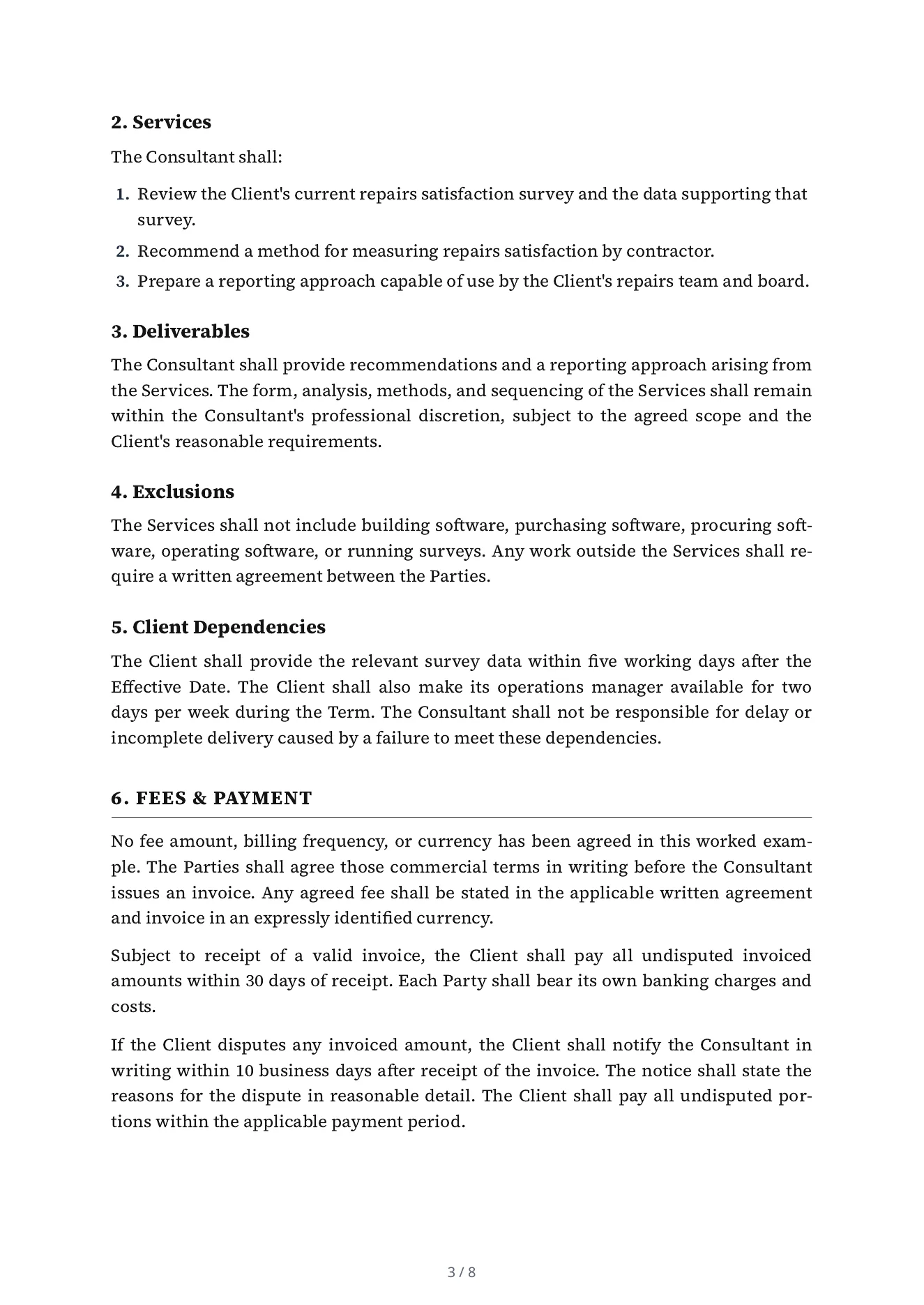 A later page of the consulting agreement: numbered clauses for the services, deliverables, exclusions, client dependencies and fees and payment.