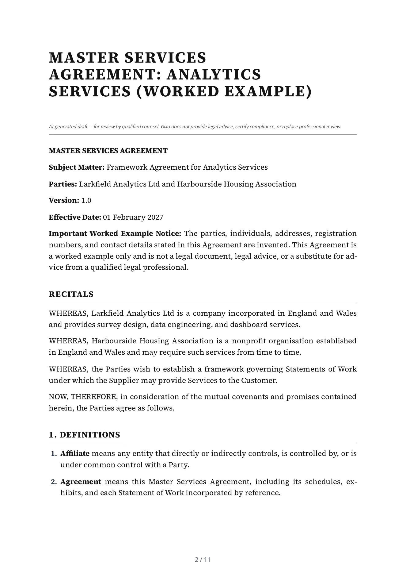 The first page of the master services agreement Lex drafted: the title, the worked-example notice, the parties and the first clauses.