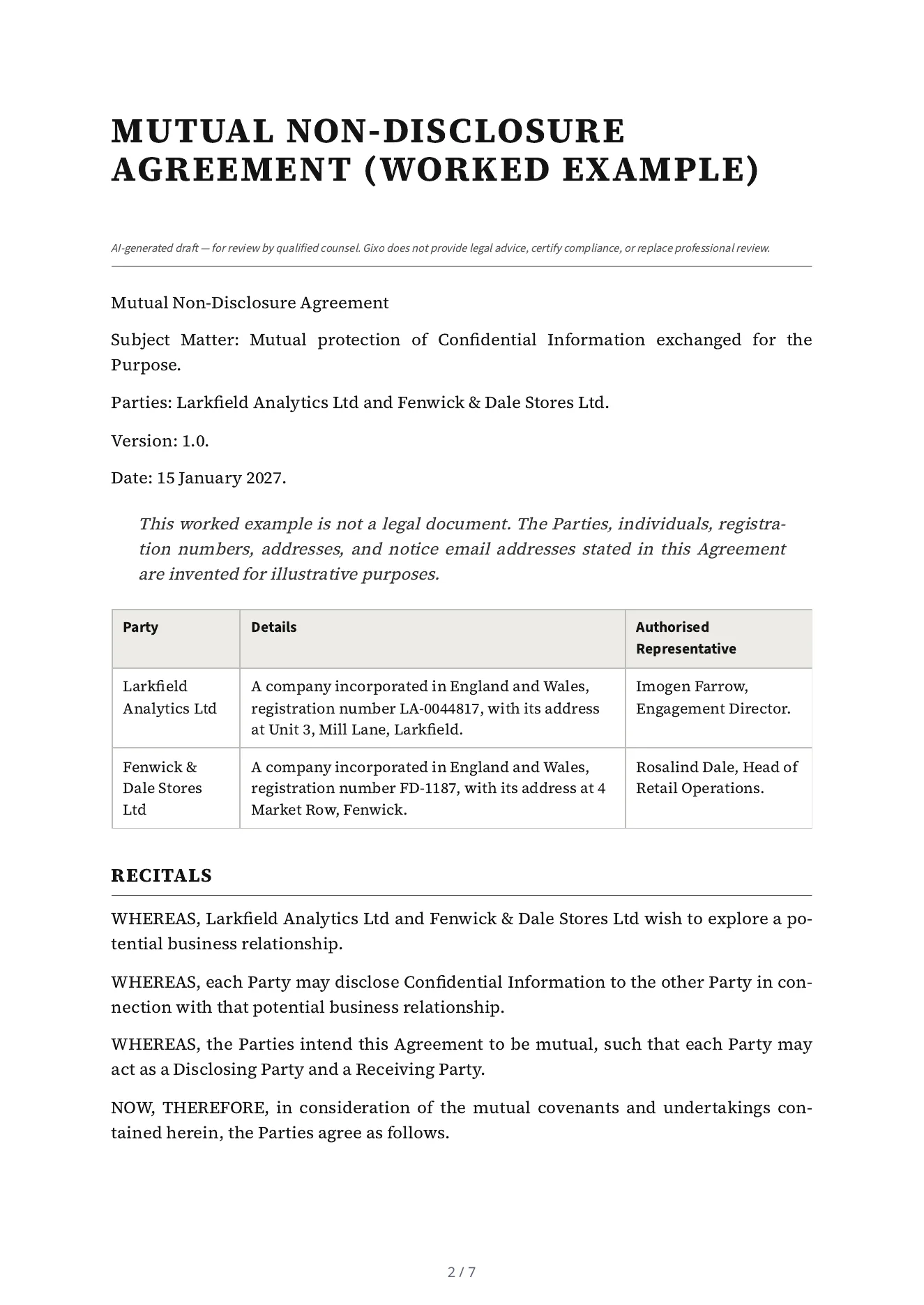 The first page of the mutual non-disclosure agreement Lex drafted: the title, the worked-example notice, the parties and the first definitions.