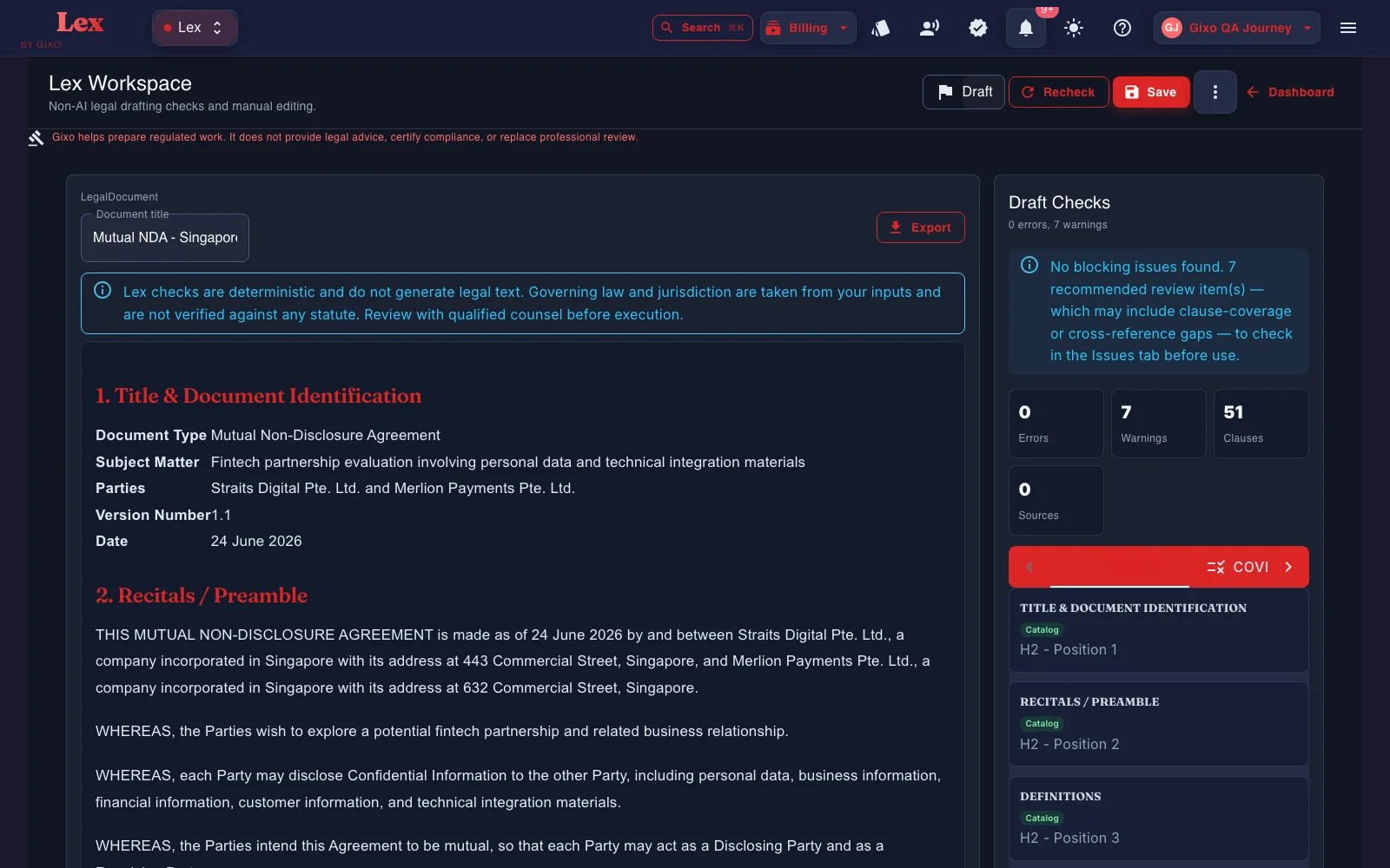 Gixo Lex workspace showing a real generated draft with the Draft Checks review panel