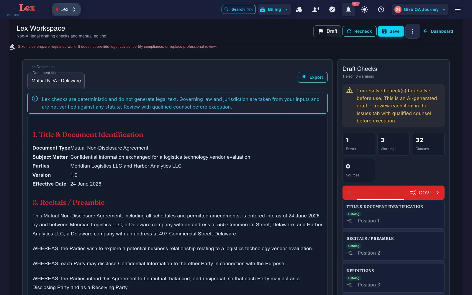 Gixo Lex workspace showing a real generated draft with the Draft Checks review panel