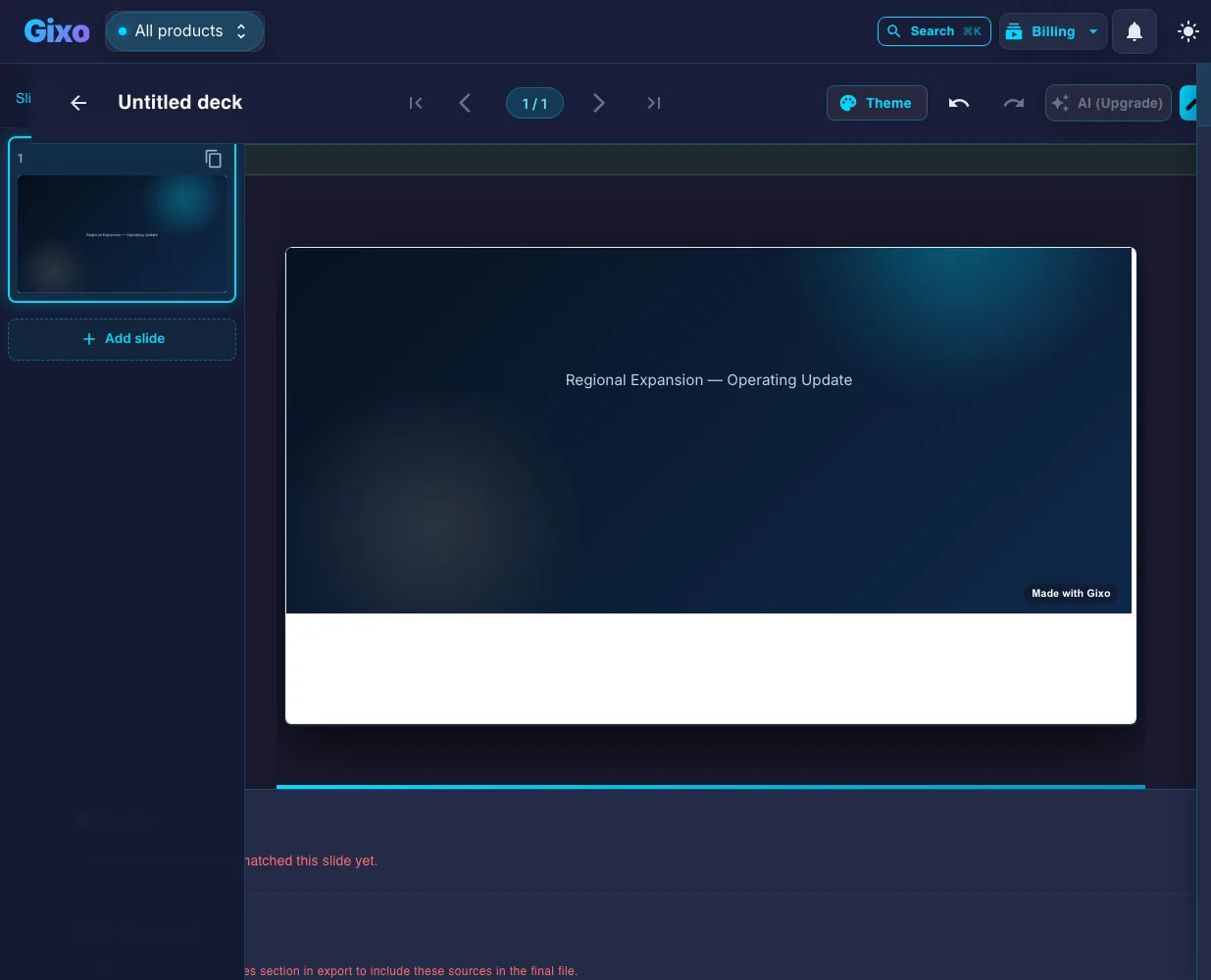 A populated title slide in Gixo Lumen reading Regional Expansion Operating Update inside the deck editor