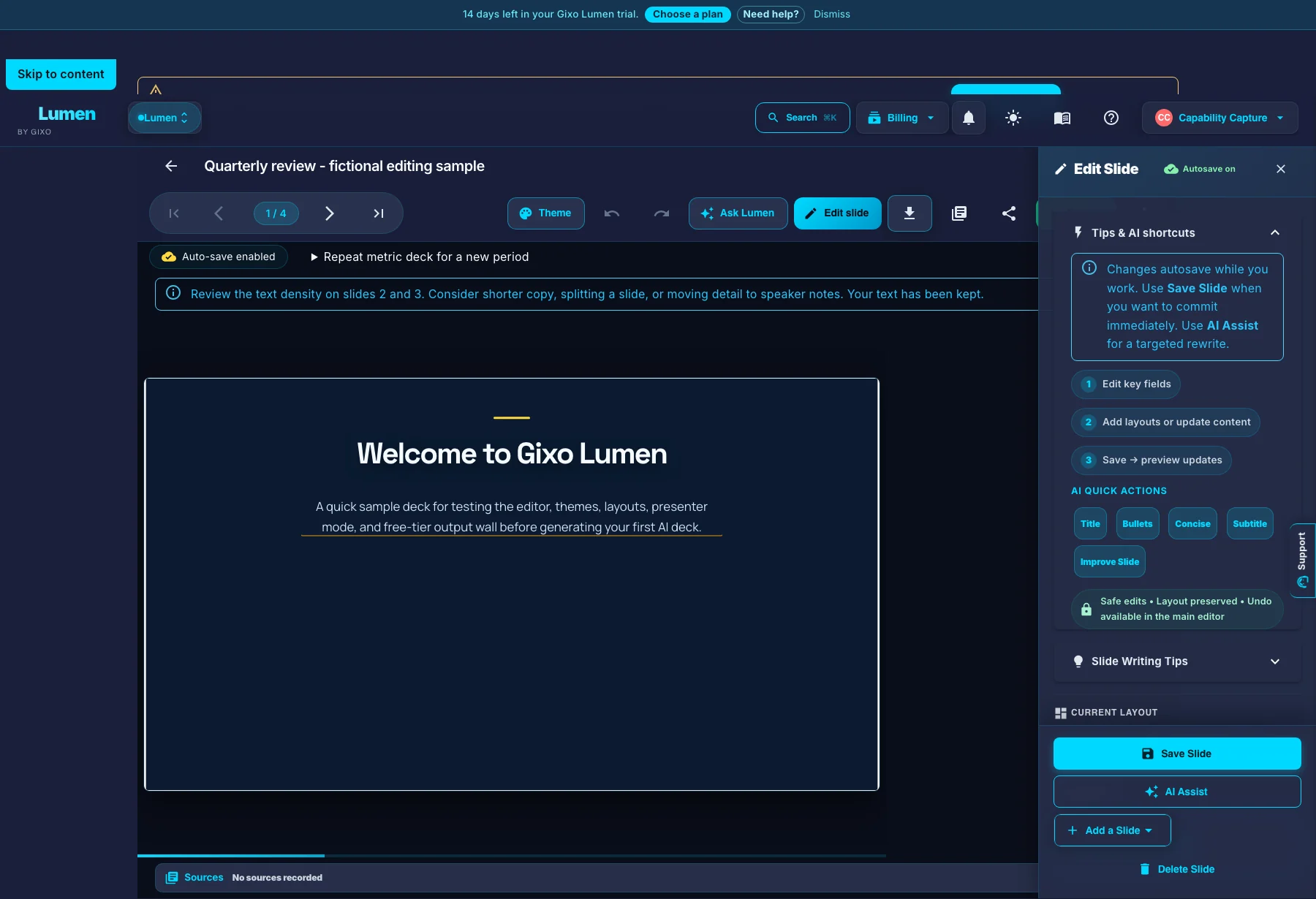 Current Lumen Edit Slide panel beside a static manually authored onboarding slide