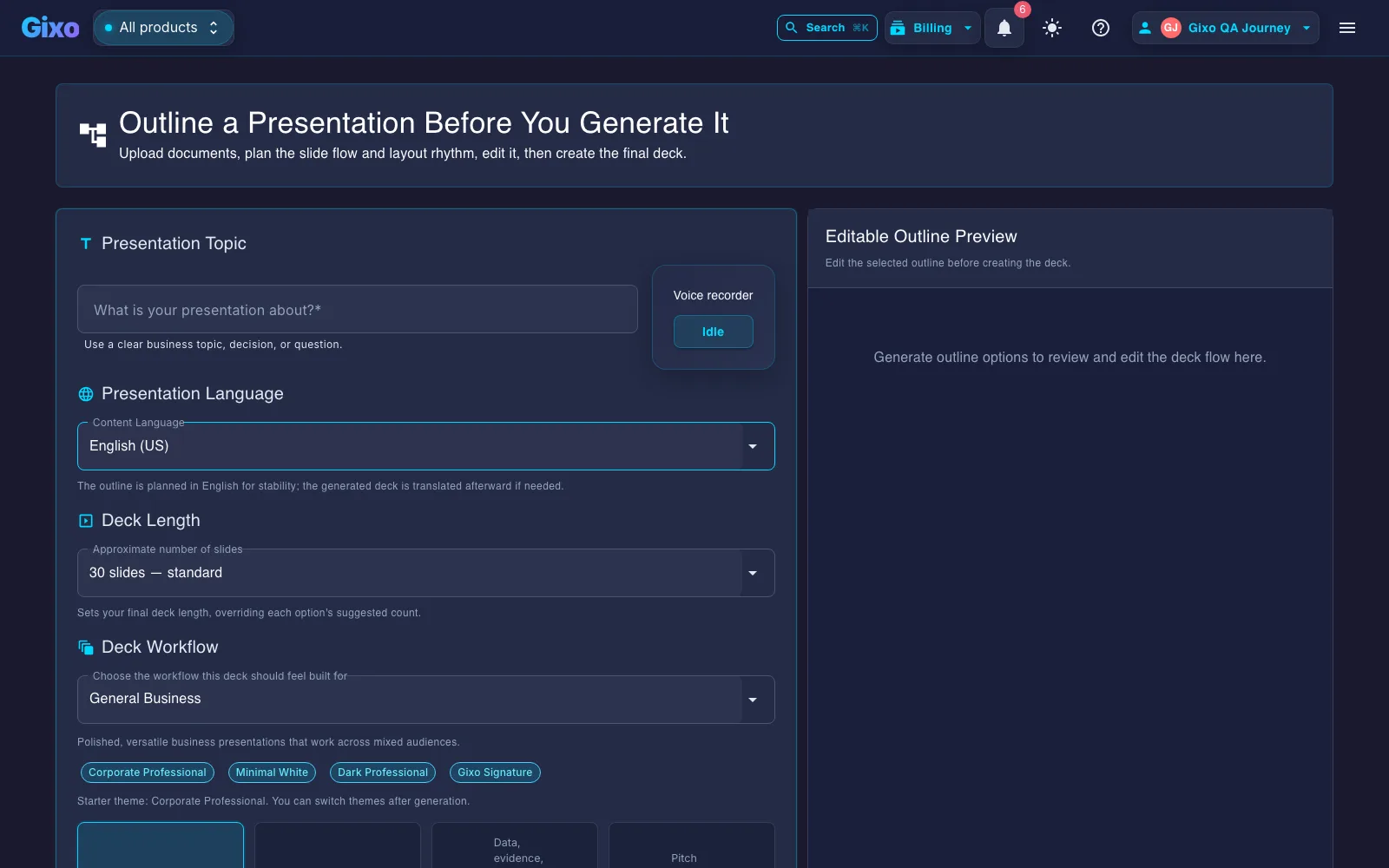Gixo Lumen outline creation screen for starting a presentation from structured notes