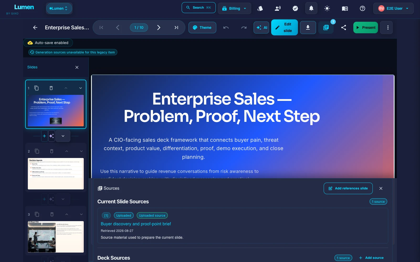A populated sales title slide in Gixo Lumen reading Enterprise Sales — Problem, Proof, Next Step inside the deck editor