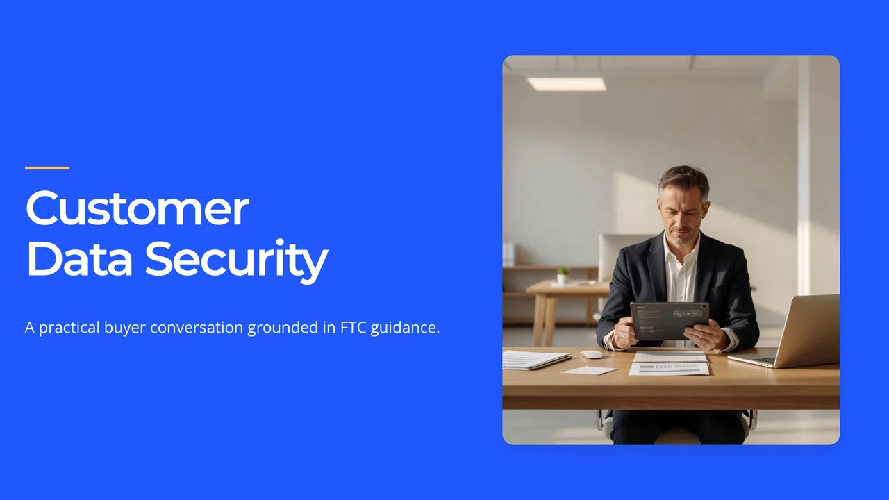 The title slide of the buyer conversation deck, Customer Data Security, beside a generated picture of a man reading a tablet at a desk.