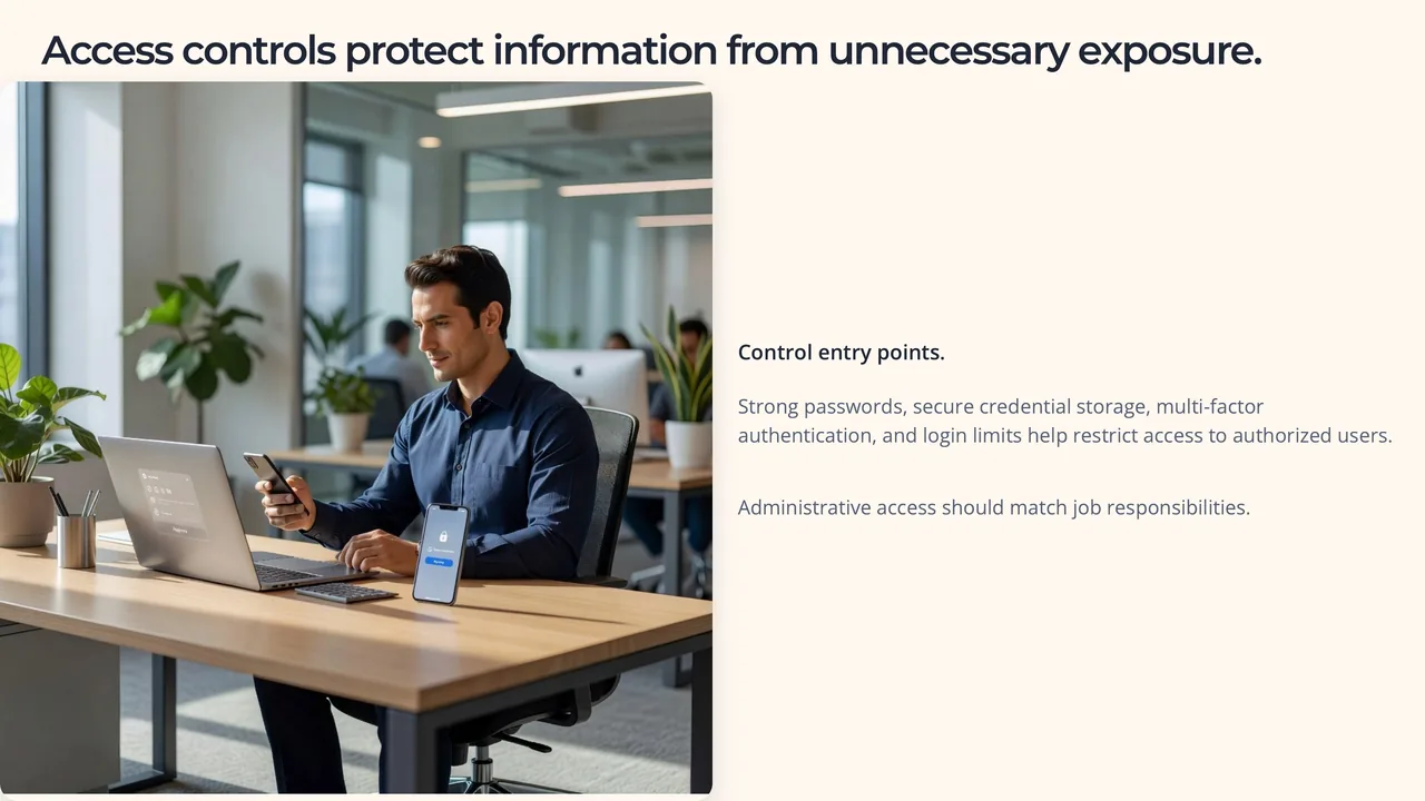A slide of the buyer conversation deck: access controls, with a generated picture of a man at a laptop and the heading, a short text block and a line of advice.