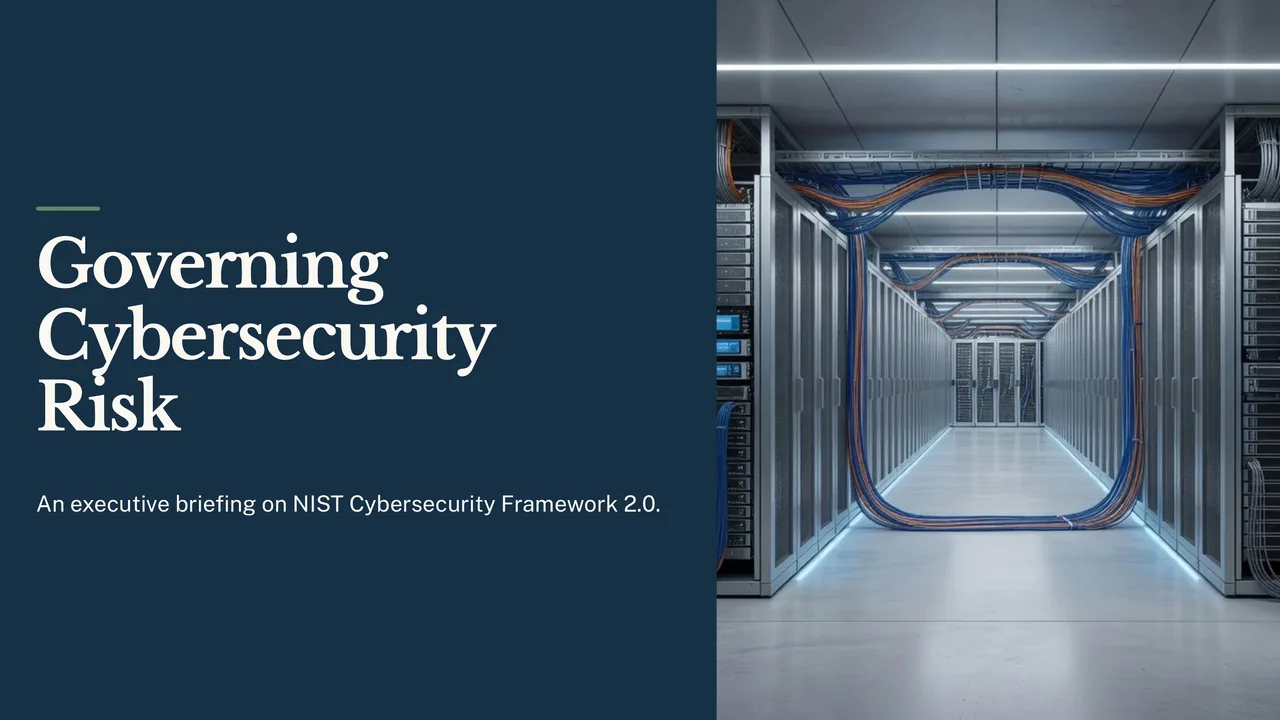 The title slide of the executive briefing deck, Governing Cybersecurity Risk, beside a generated picture of a server hall with rows of racks.