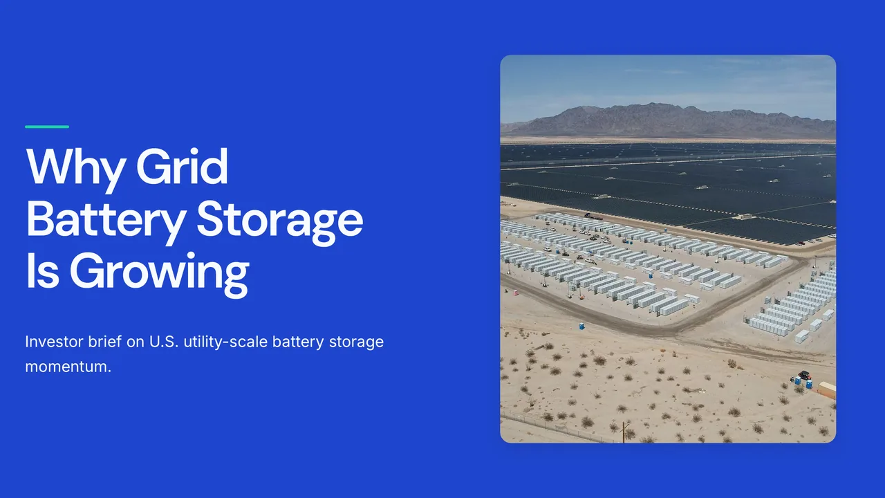 The title slide of the investor brief, Why Grid Battery Storage Is Growing, beside a picture of a battery storage site in a desert.