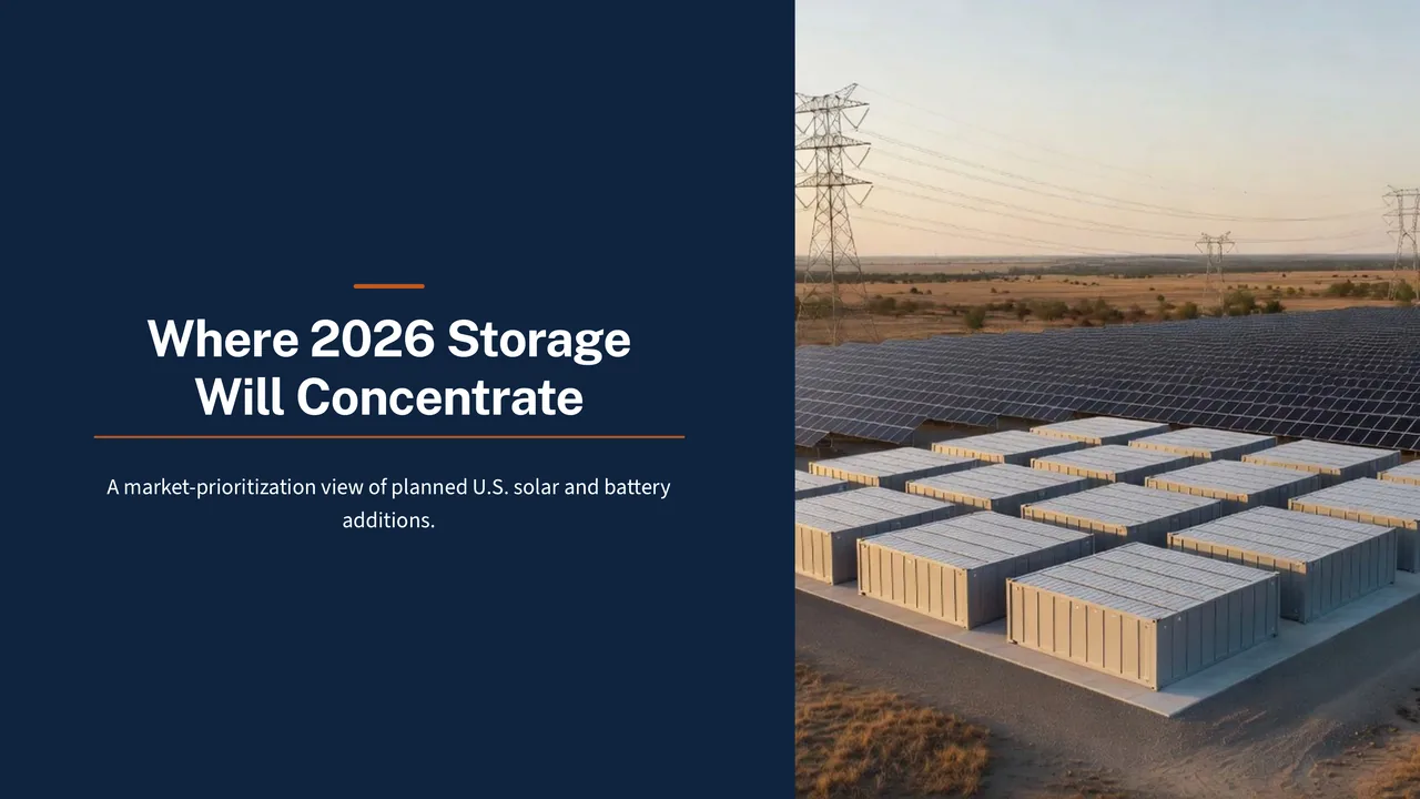 The title slide of the client strategy deck, Where 2026 Storage Will Concentrate, beside a generated picture of battery storage units and solar panels under power lines.