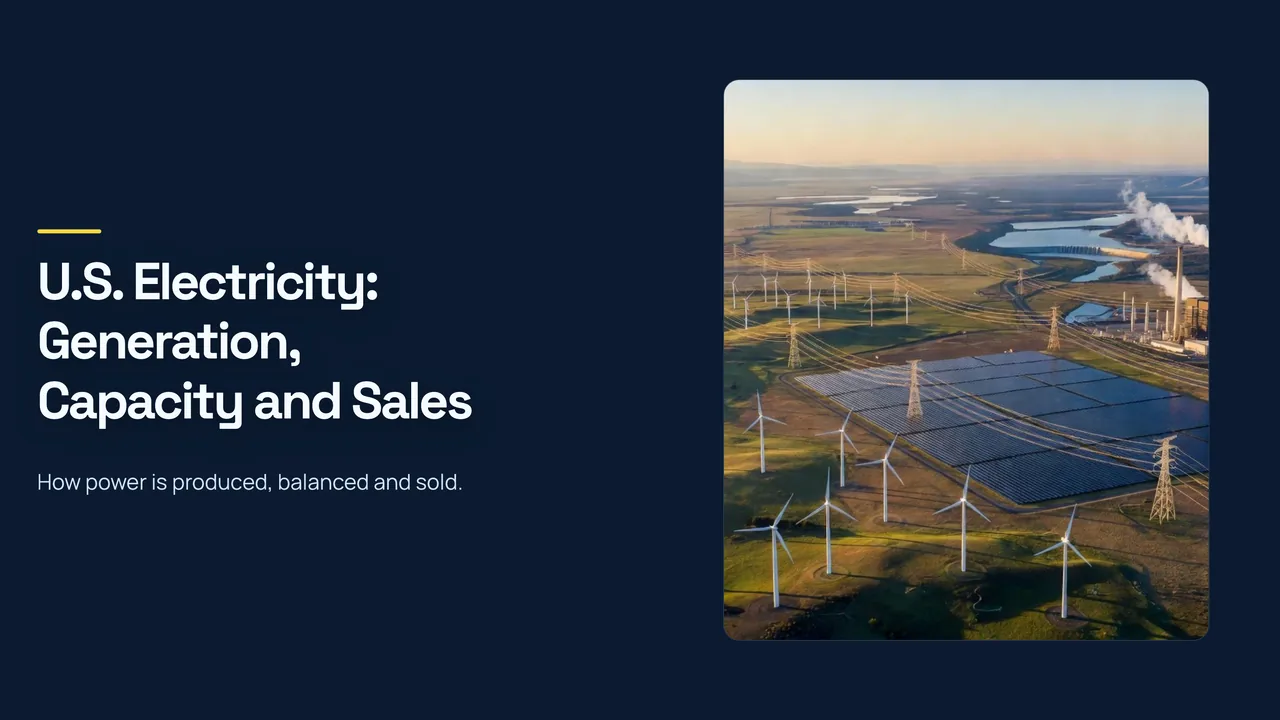 The title slide of the explainer deck, U.S. Electricity: Generation, Capacity and Sales, beside a generated aerial picture of wind turbines, solar panels and a power plant.