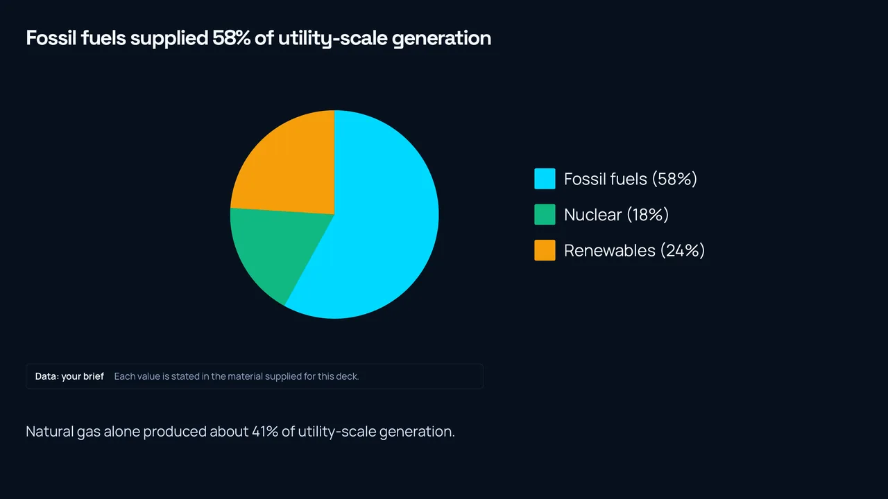 A slide of the explainer deck: a pie chart of 2025 utility-scale generation by source, fossil fuels 58%, renewables 24% and nuclear 18%, with the note that natural gas alone produced about 41%.