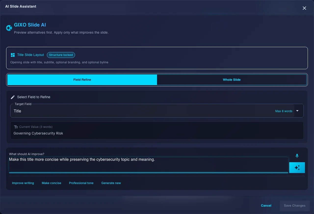 Lumen slide AI dialog with the Title field, its current words and an instruction to make it more concise