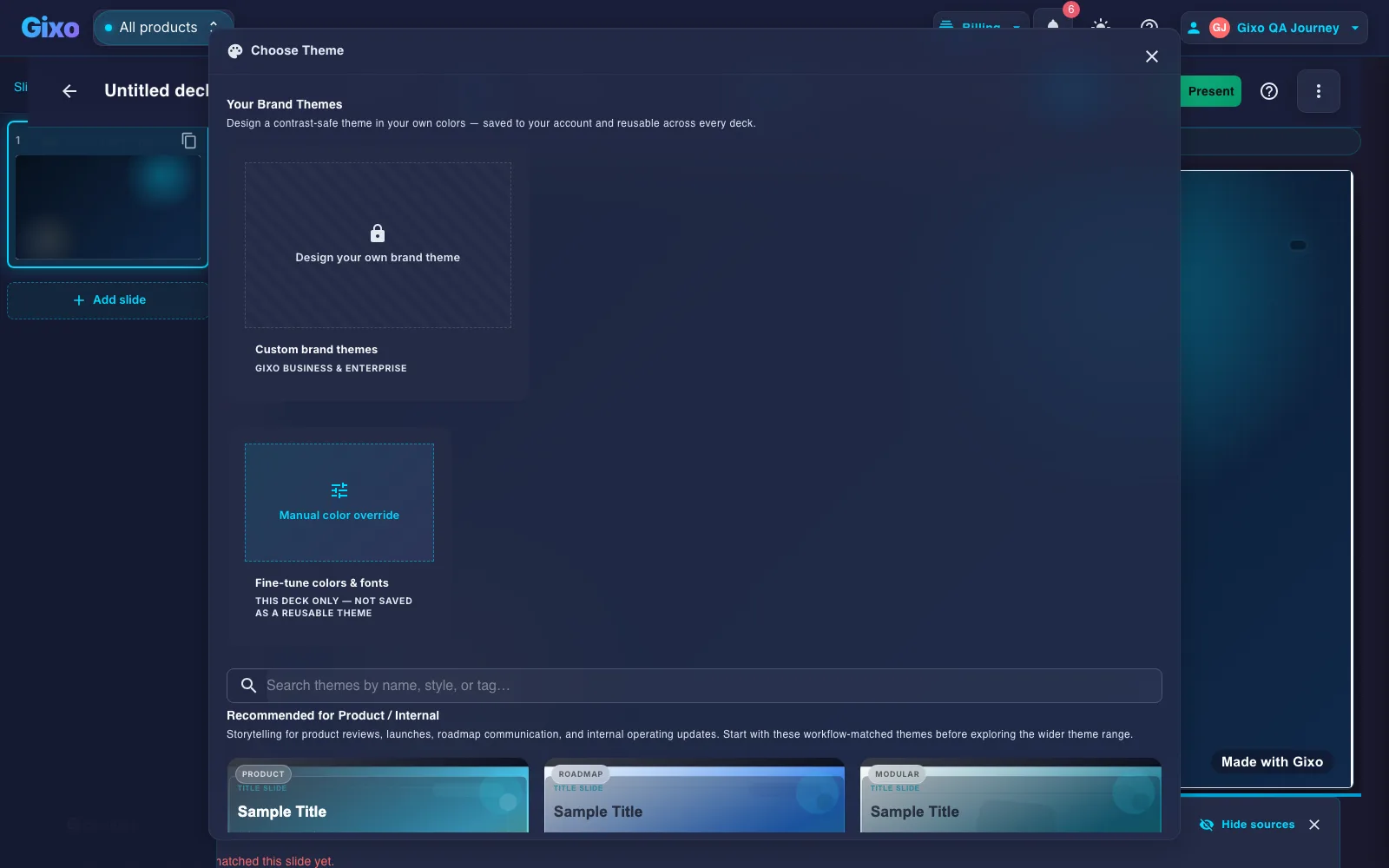 Gixo Lumen theme picker dialog showing brand themes, a manual color override option, and recommended themes for product and internal decks