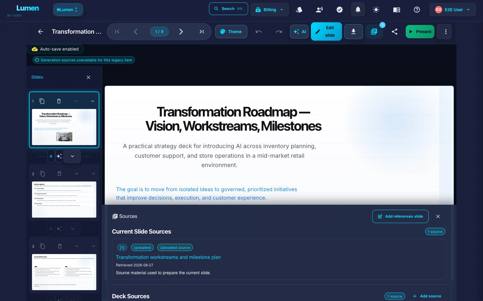 A populated roadmap title slide in Gixo Lumen reading Transformation Roadmap — Vision, Workstreams, Milestones inside the deck editor