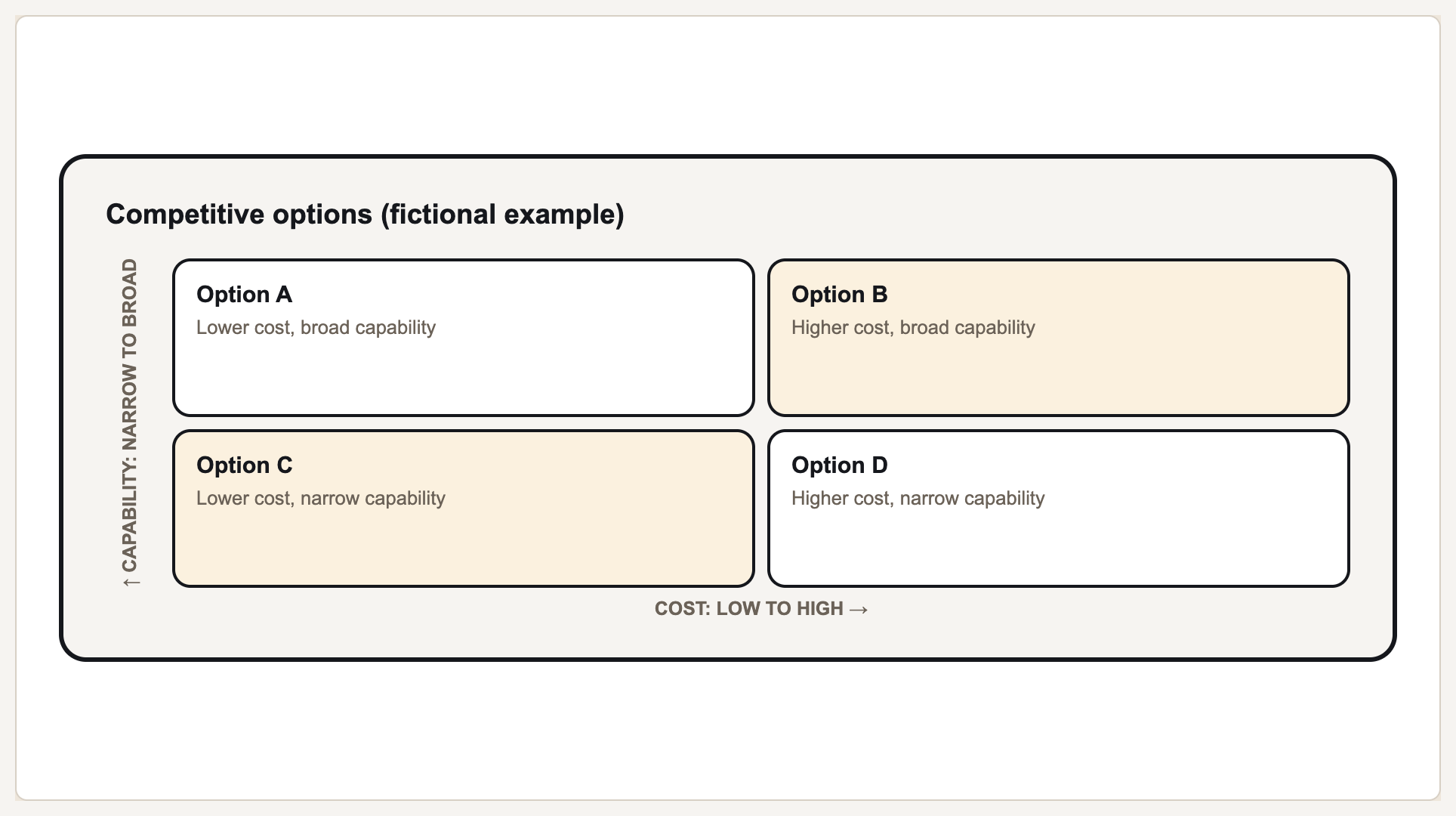 Competitive options matrix: rendered from the prepared fictional input shown below