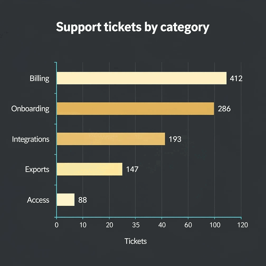 Support tickets by category — a horizontal bar chart rendered by Gixo Prism from exact values