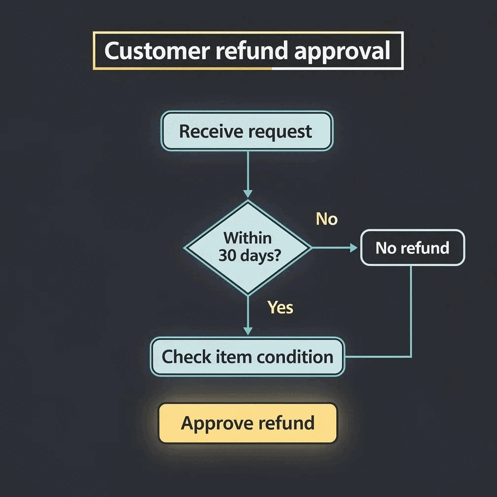 A real decision flowchart rendered by Gixo Prism's flowchart maker for a customer refund approval process