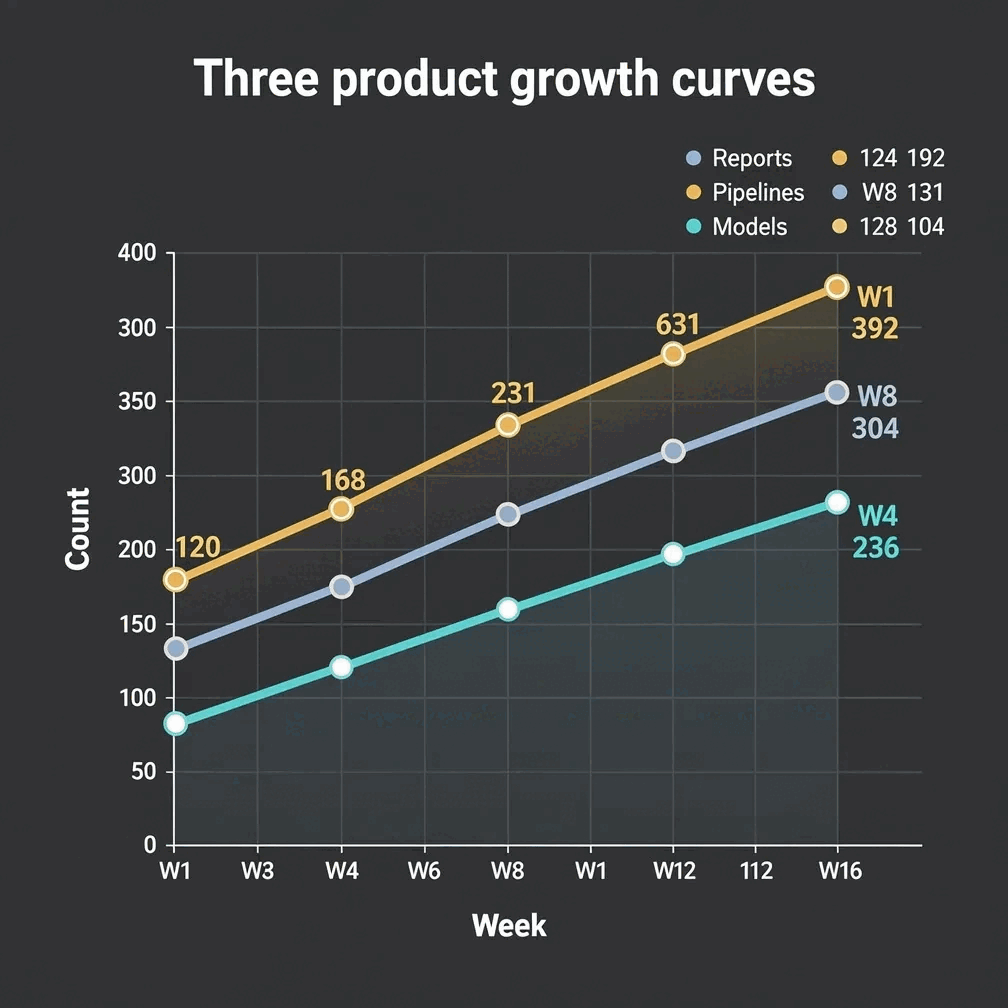 A real multi-line growth chart rendered by Gixo Prism comparing three products