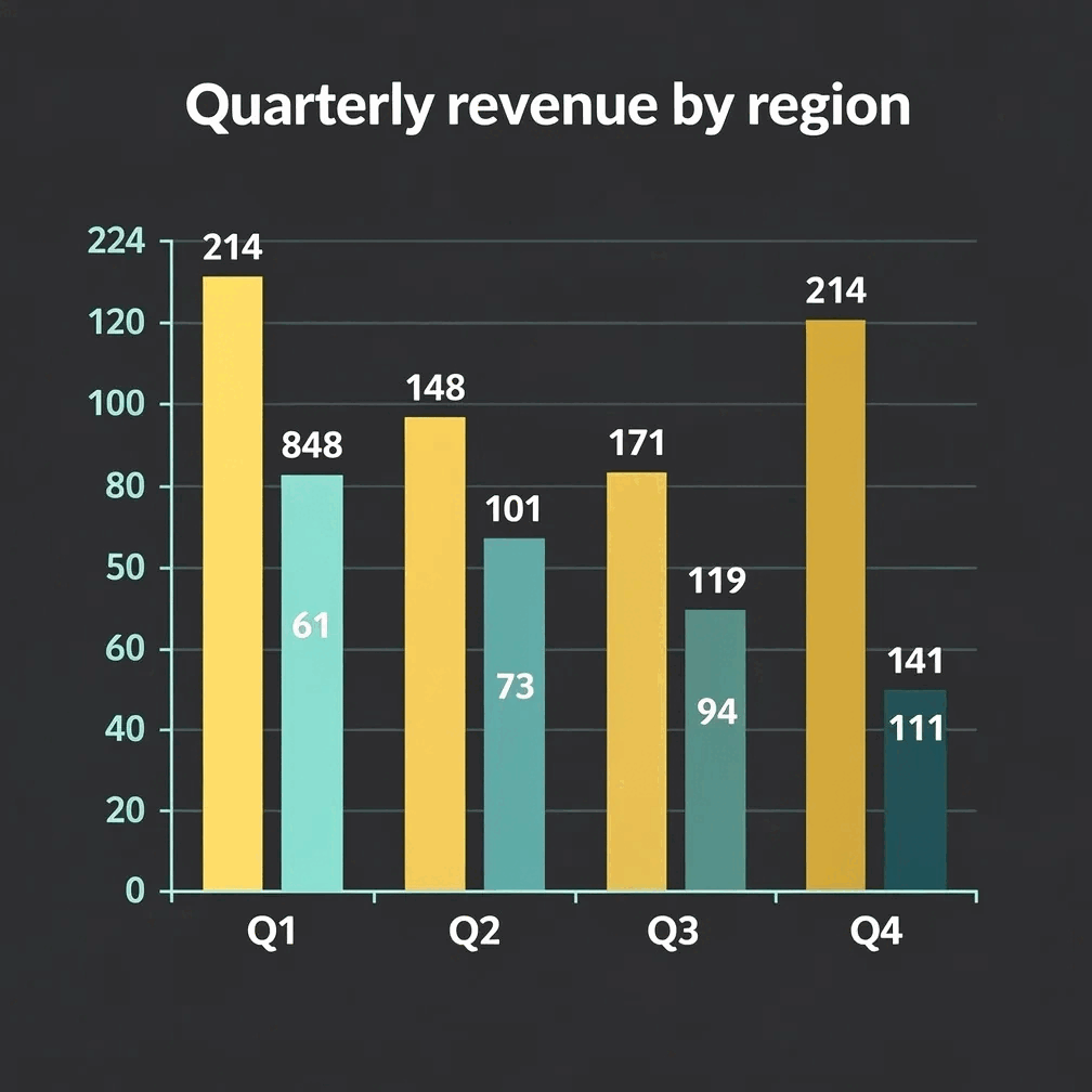 A real quarterly revenue chart rendered by Gixo Prism for a board deck