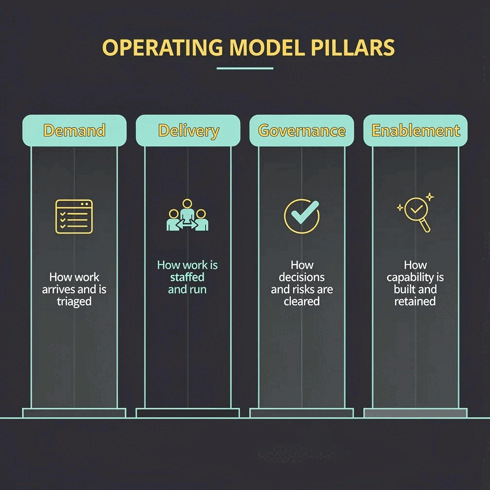 Operating model pillars — a structured diagram rendered by Gixo Prism for a consulting deck