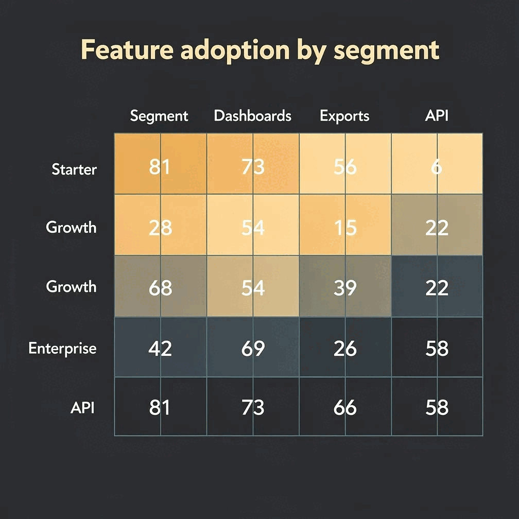 Feature adoption by segment — a heatmap rendered by Gixo Prism