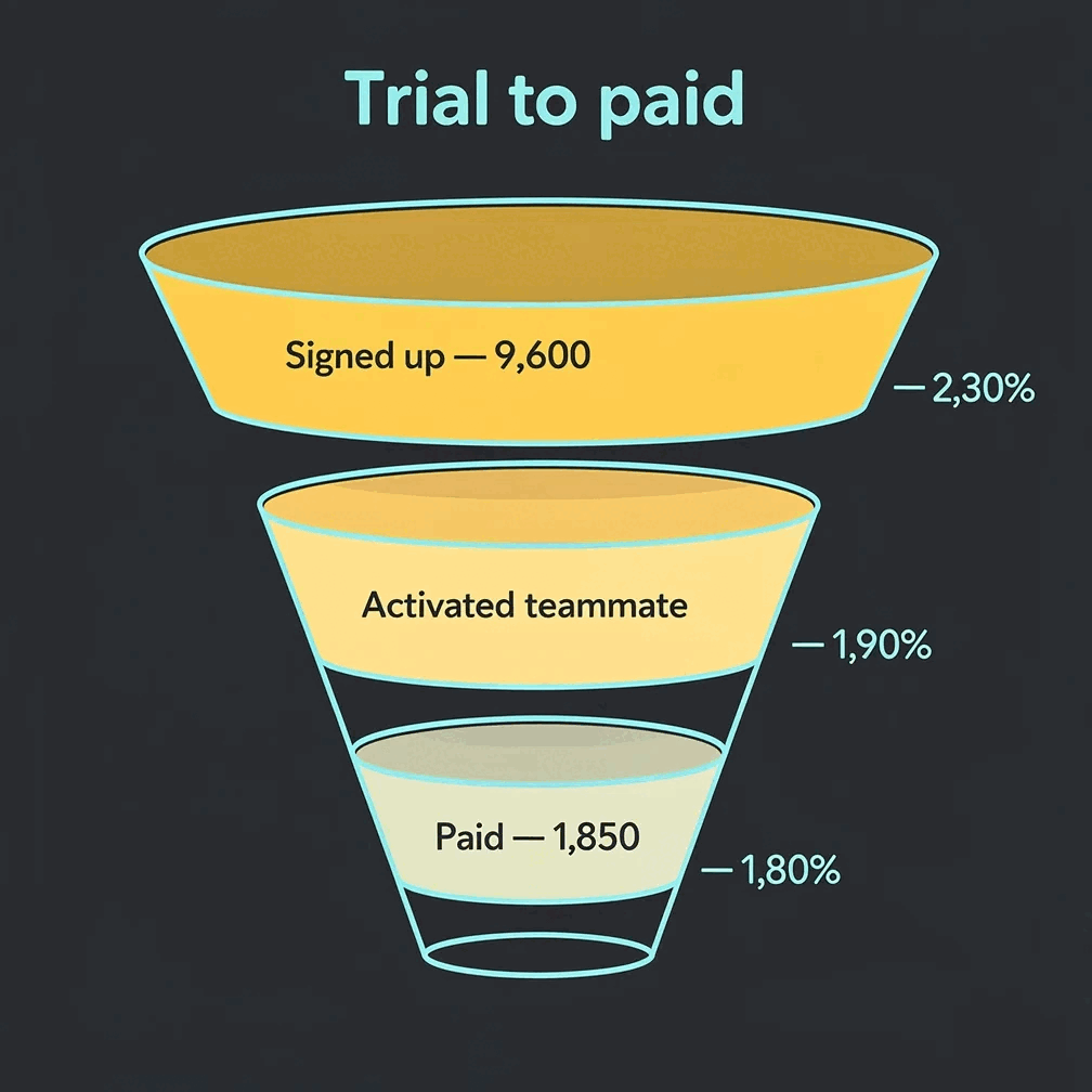 Trial to paid — a funnel diagram rendered by Gixo Prism, every band width derived from its own value