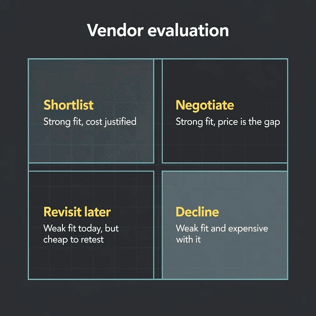 Vendor evaluation — capability fit against total cost of ownership, rendered by Gixo Prism