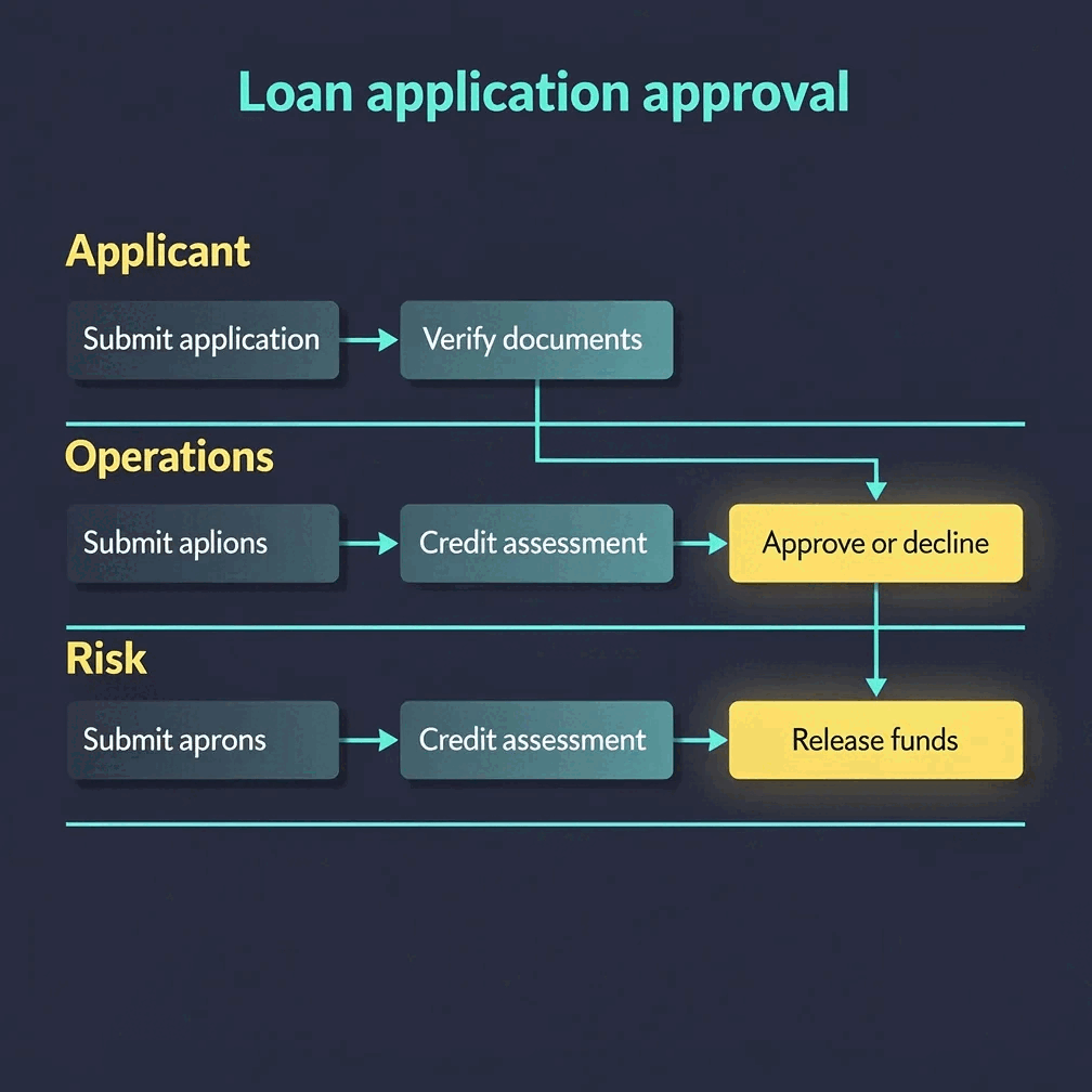 Loan application approval — a swimlane flowchart generated by Gixo Prism
