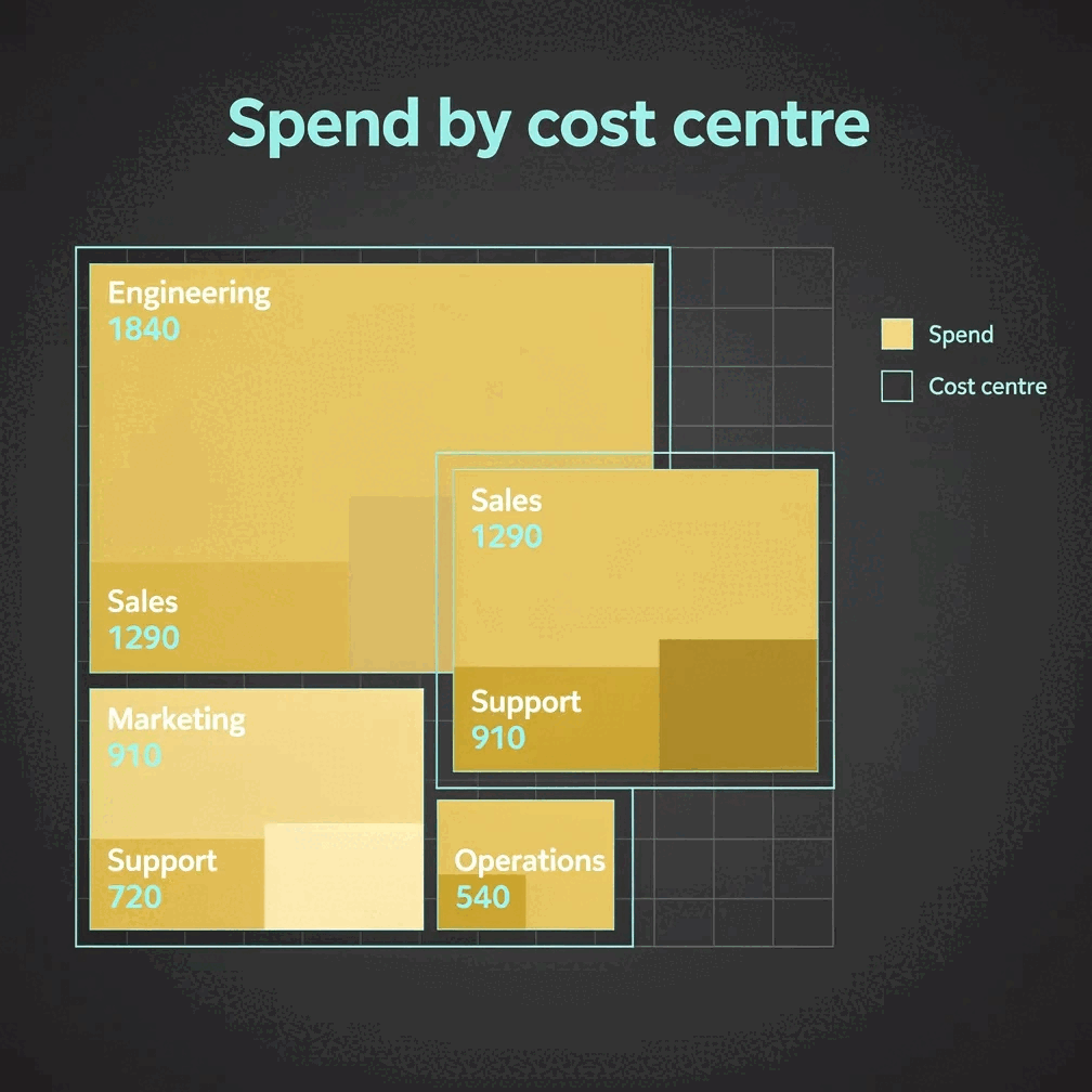 Spend by cost centre — a treemap rendered by Gixo Prism, each rectangle sized to its value