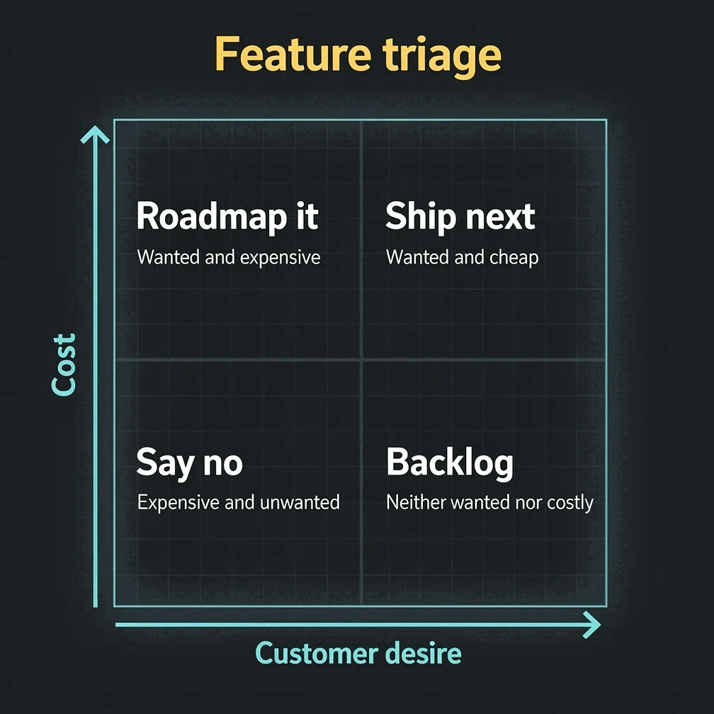 Feature triage — customer demand against build cost, rendered by Gixo Prism