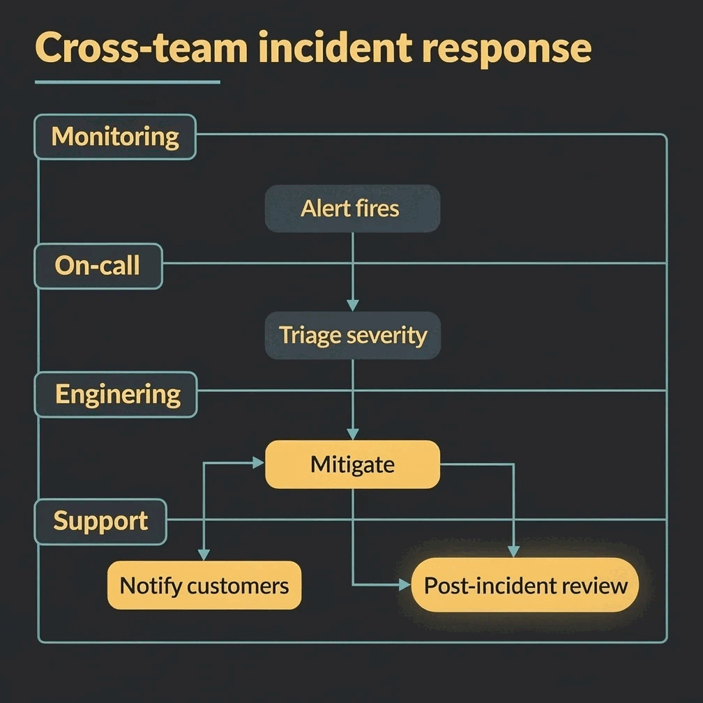 Cross-team incident response — a swimlane flowchart generated by Gixo Prism