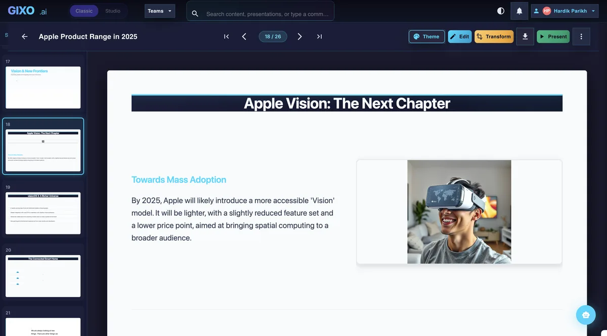 Gixo presentation workspace showing slide editing, theme switching, transform tools, and present mode