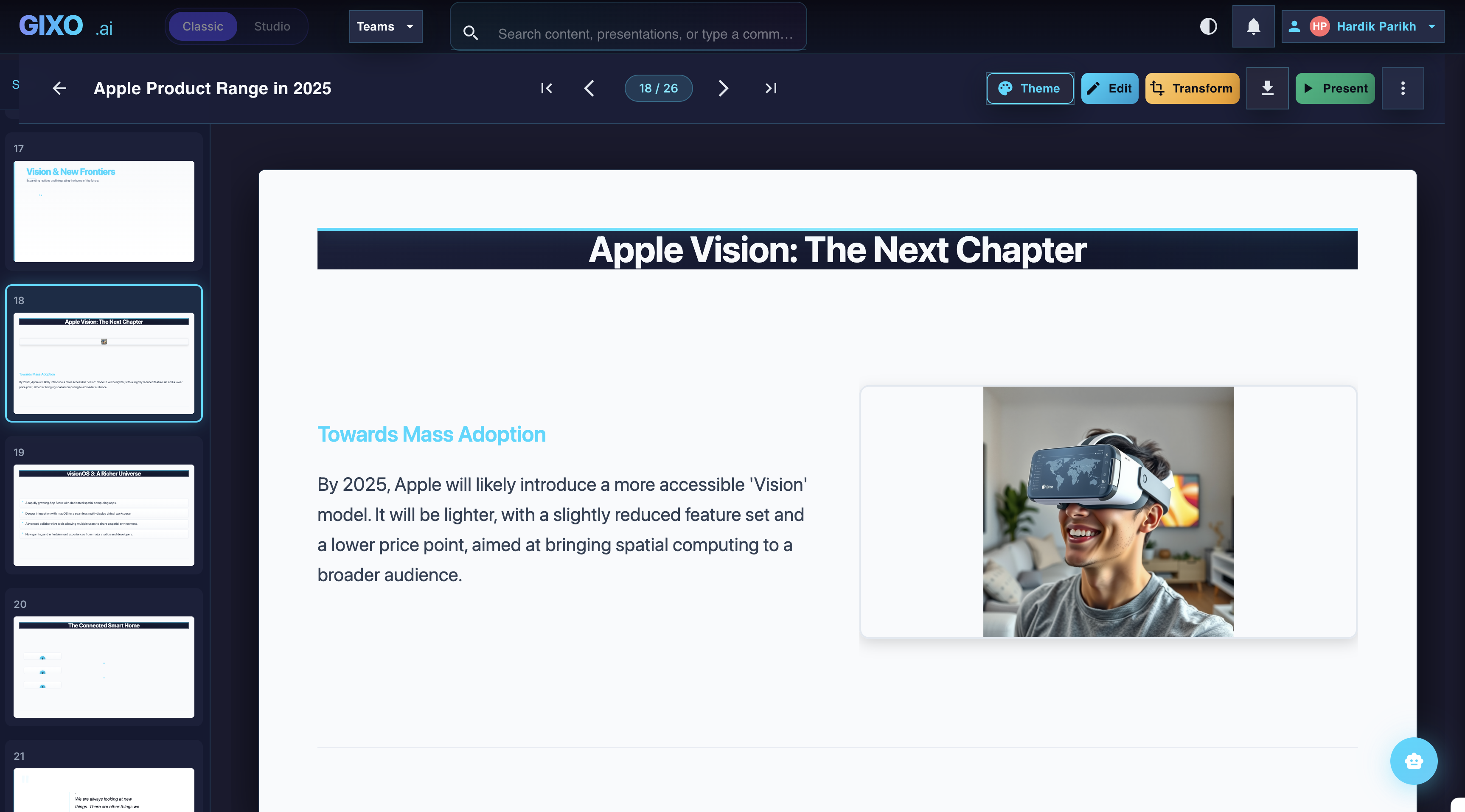 Gixo presentation editor showing professional slide deck