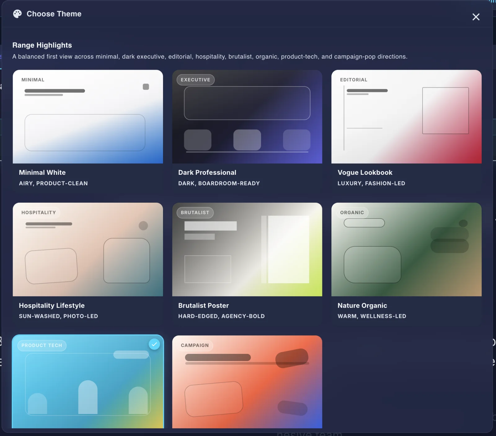 Gixo theme picker showing Minimal White, Dark Professional, Vogue Lookbook, Hospitality Lifestyle, Brutalist Poster, Nature Organic, Product Tech, and Campaign themes