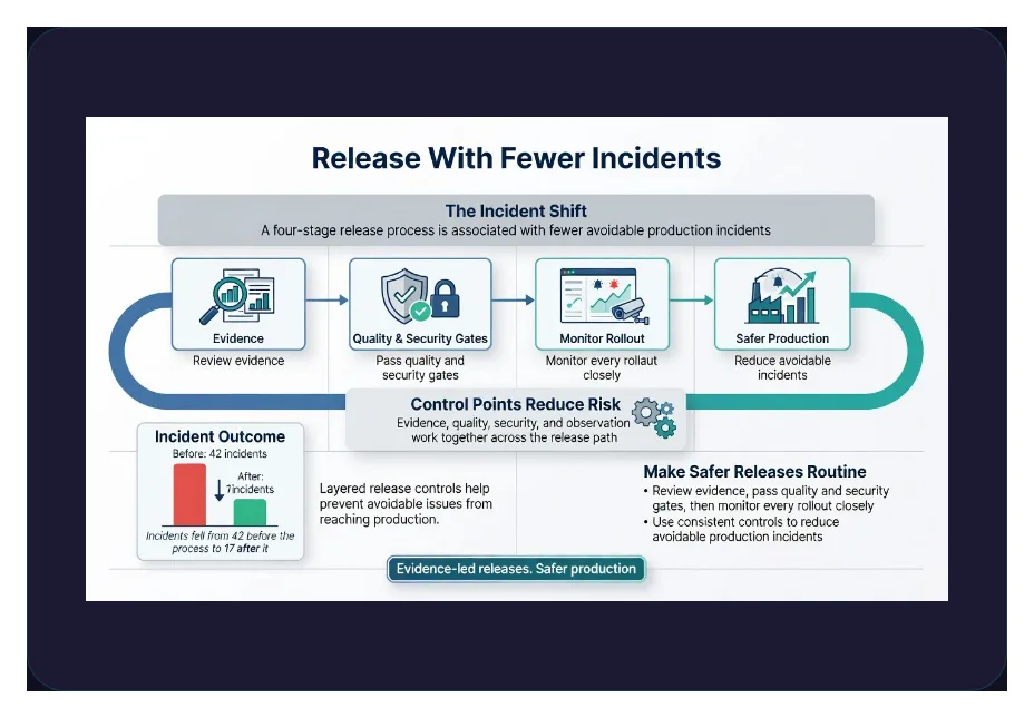 Downloaded Prism PNG: Release With Fewer Incidents infographic with a 42-to-17 incident chart