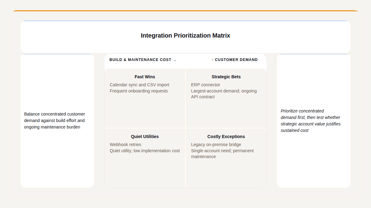 A Gixo Prism 2x2 matrix placing integration candidates by customer demand against build and maintenance cost