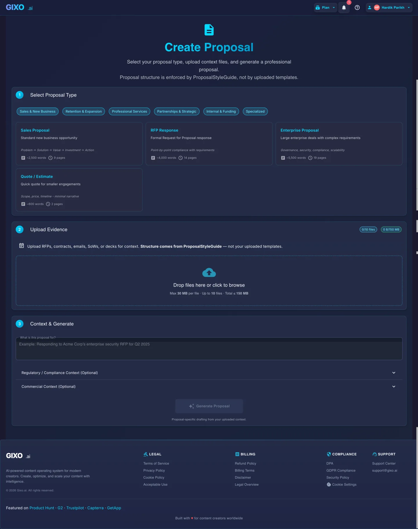 Gixo proposal builder showing proposal type selection, file upload, and draft controls.