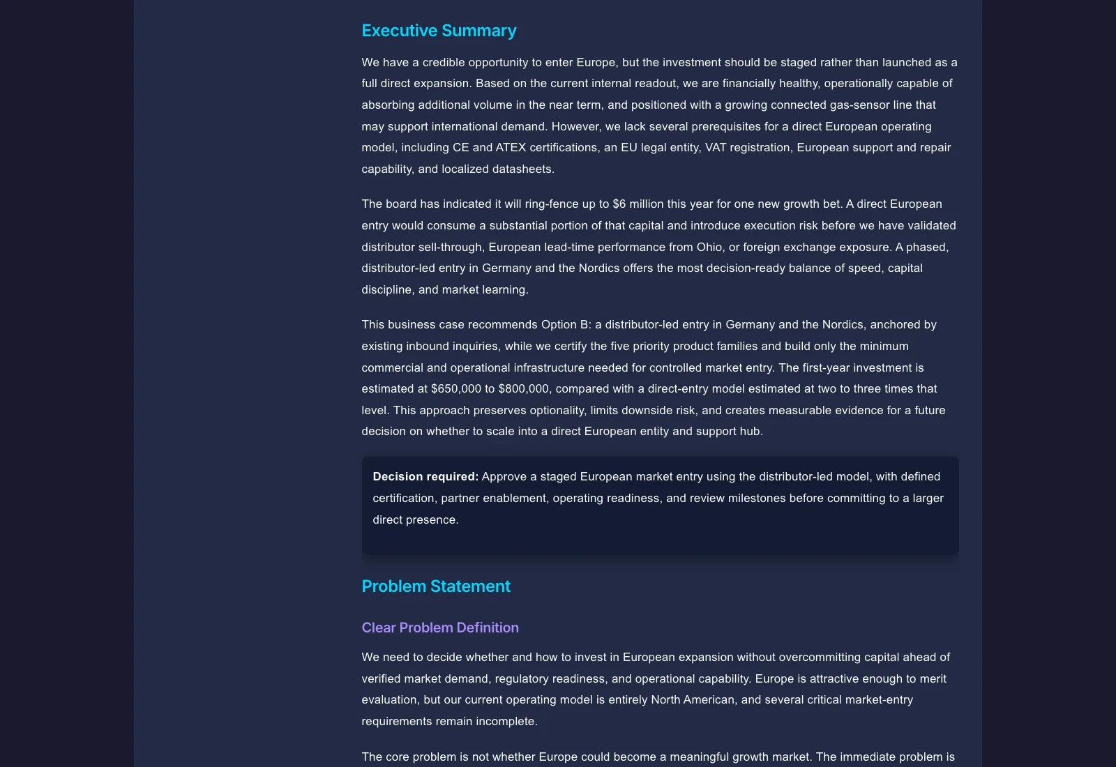 A real internal business-case proposal generated by Gixo Arc