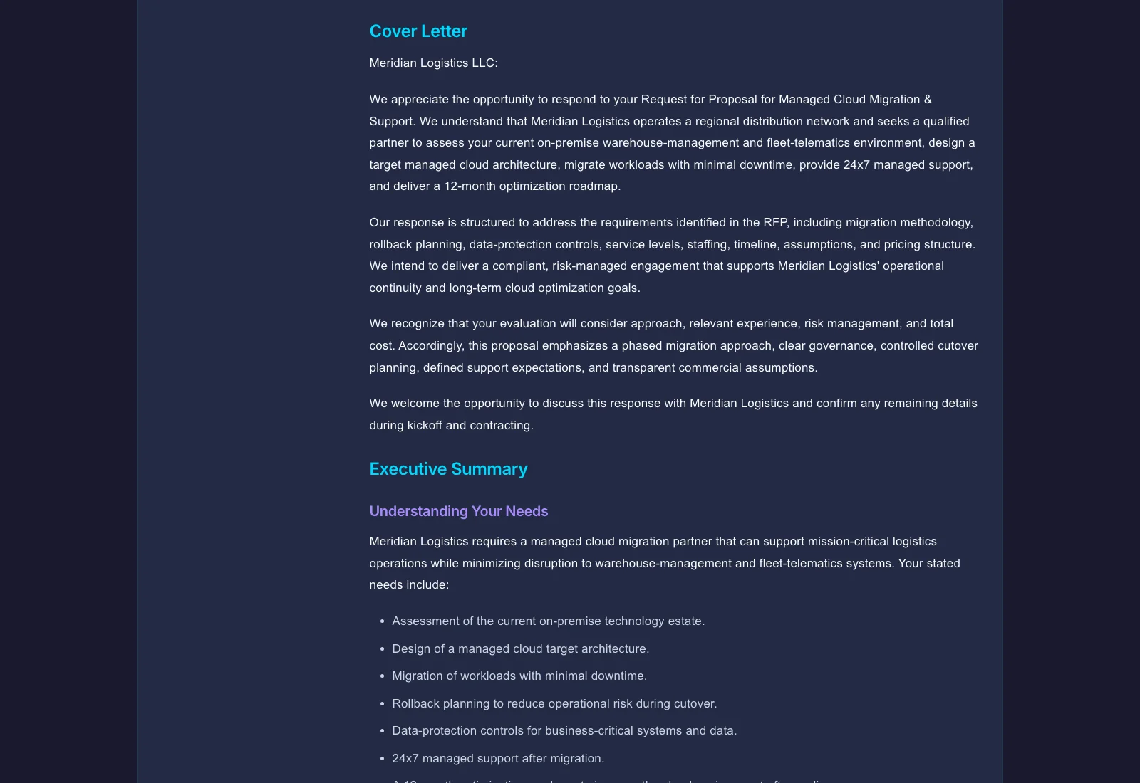 A real AI-drafted RFP response proposal generated by Gixo Arc