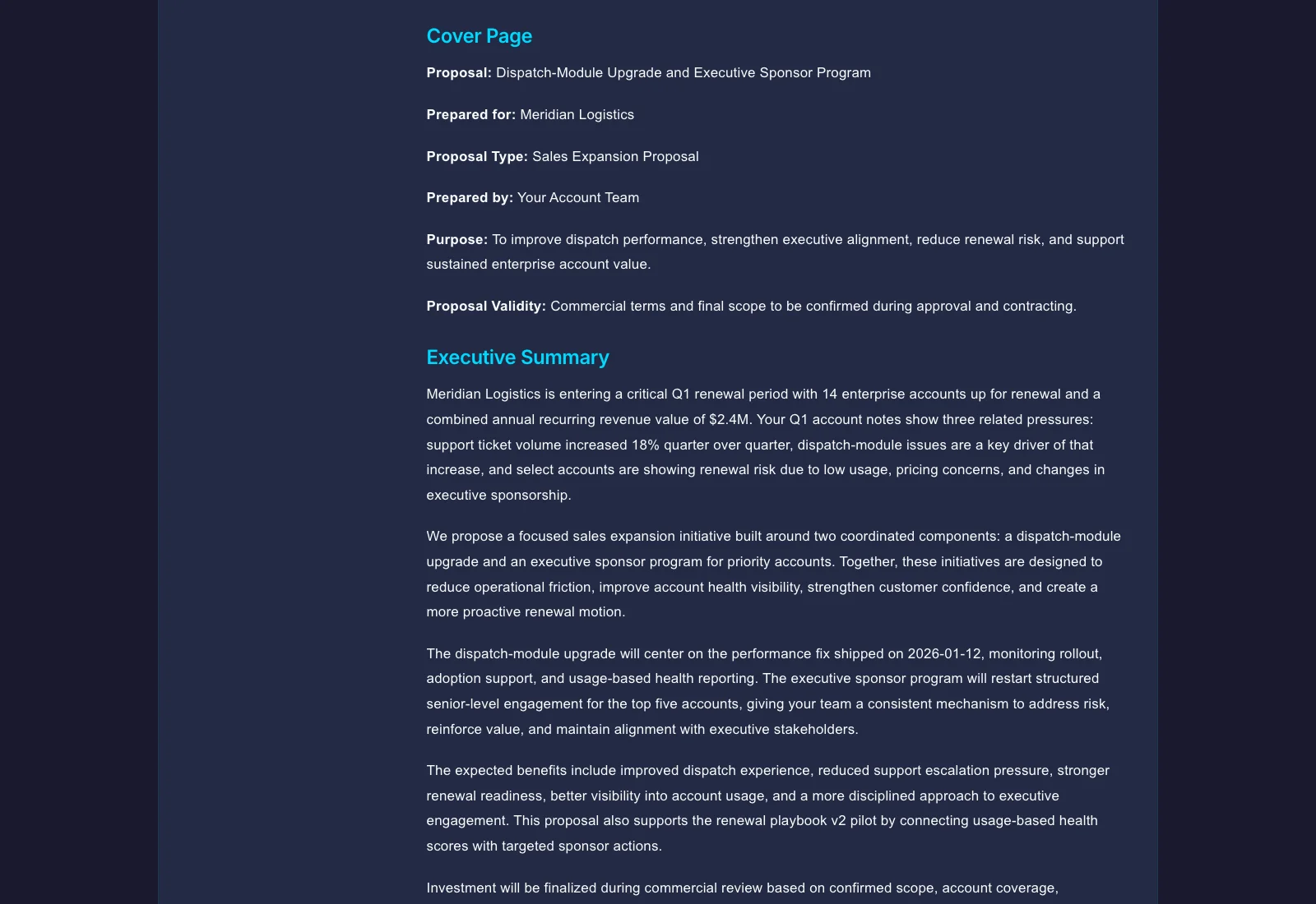 A real AI-drafted sales proposal generated by Gixo Arc