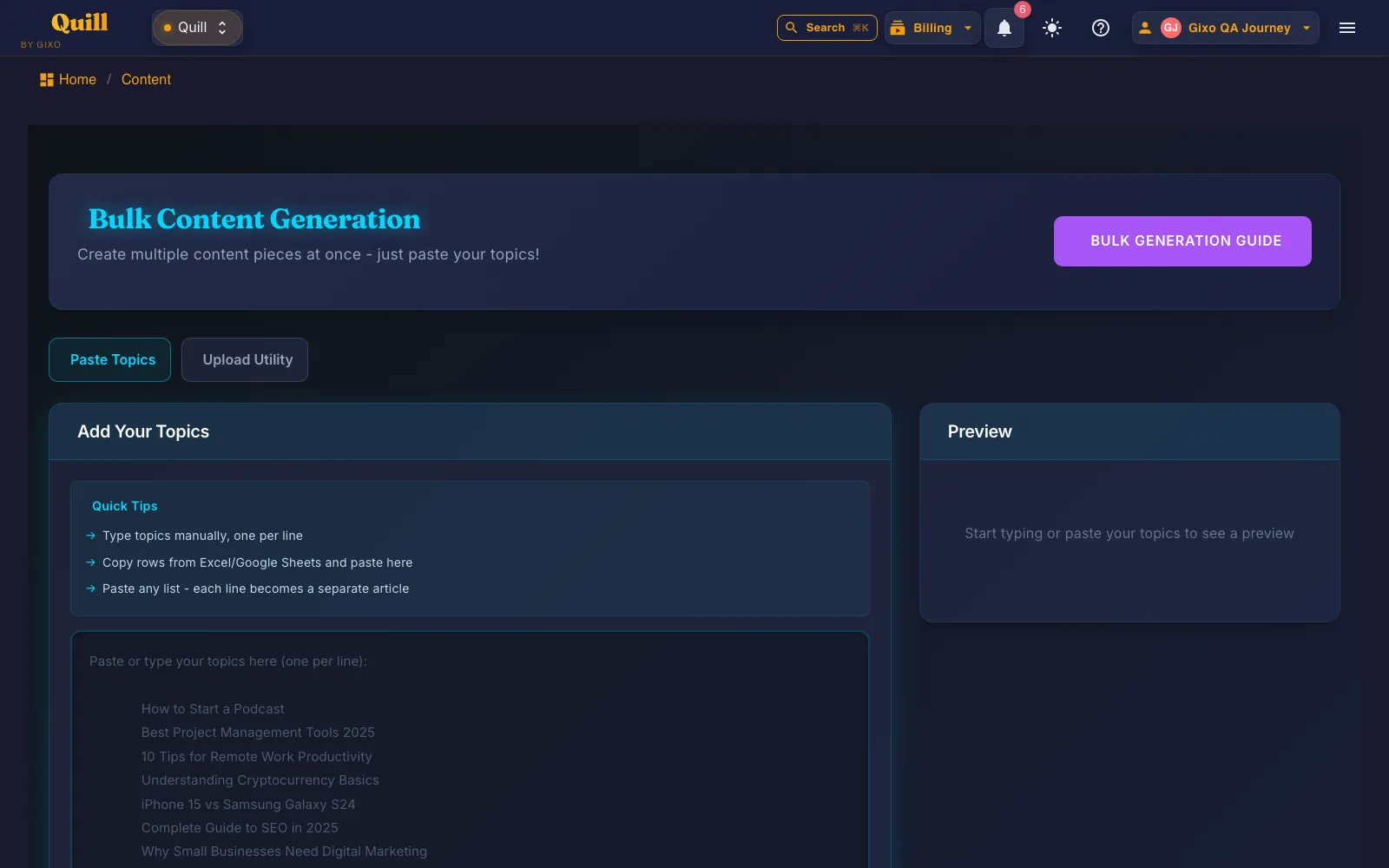 Gixo Quill bulk generation screen with a topic list and live preview panel
