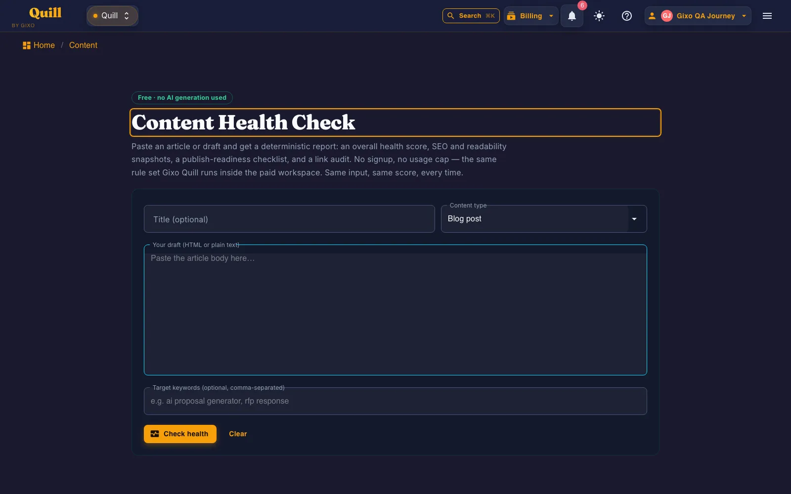 Gixo content health checker: paste a draft and get a health score, marked free with no AI generation used