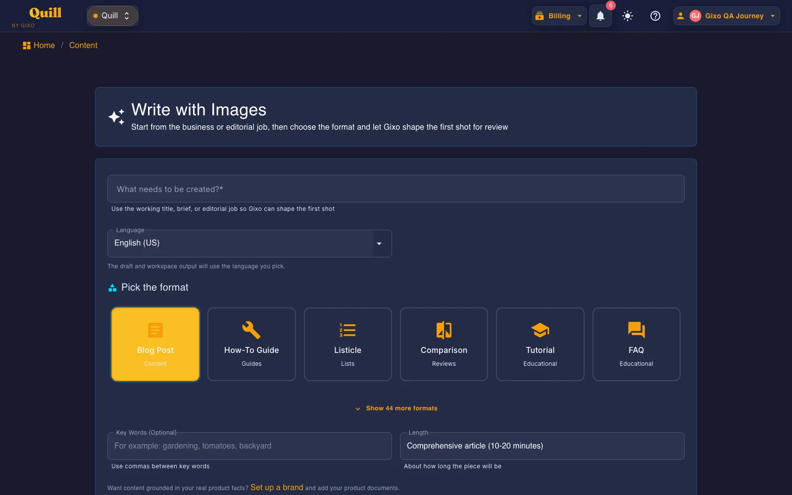 Gixo Quill create screen showing an Article format, an SEO description field, and the Write with Images option