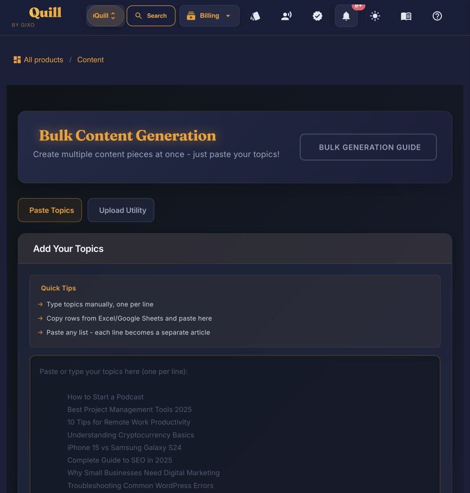 Current Gixo Quill Bulk Content Generation screen with paste-topics and upload-utility paths, input guidance, and a preview stage
