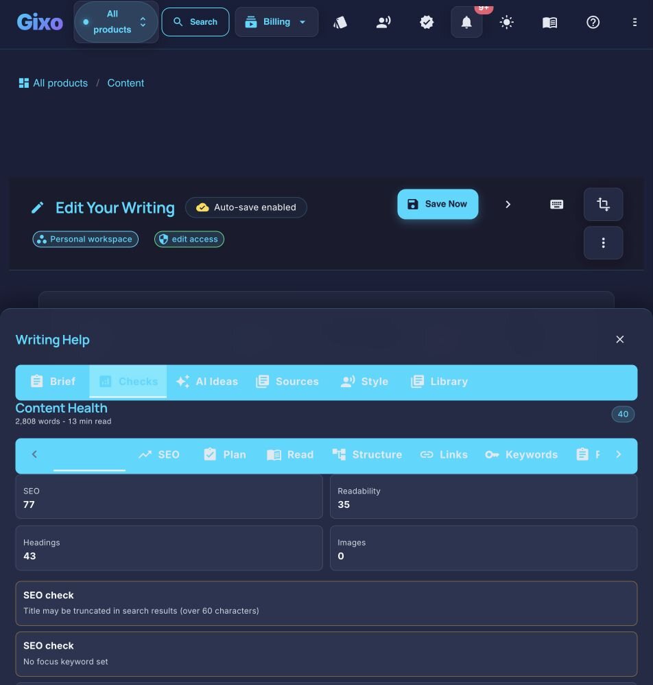 The Gixo Quill writing-help panel open on Checks: a content-health score with SEO and readability ratings, heading and image counts, and the specific checks a draft has failed