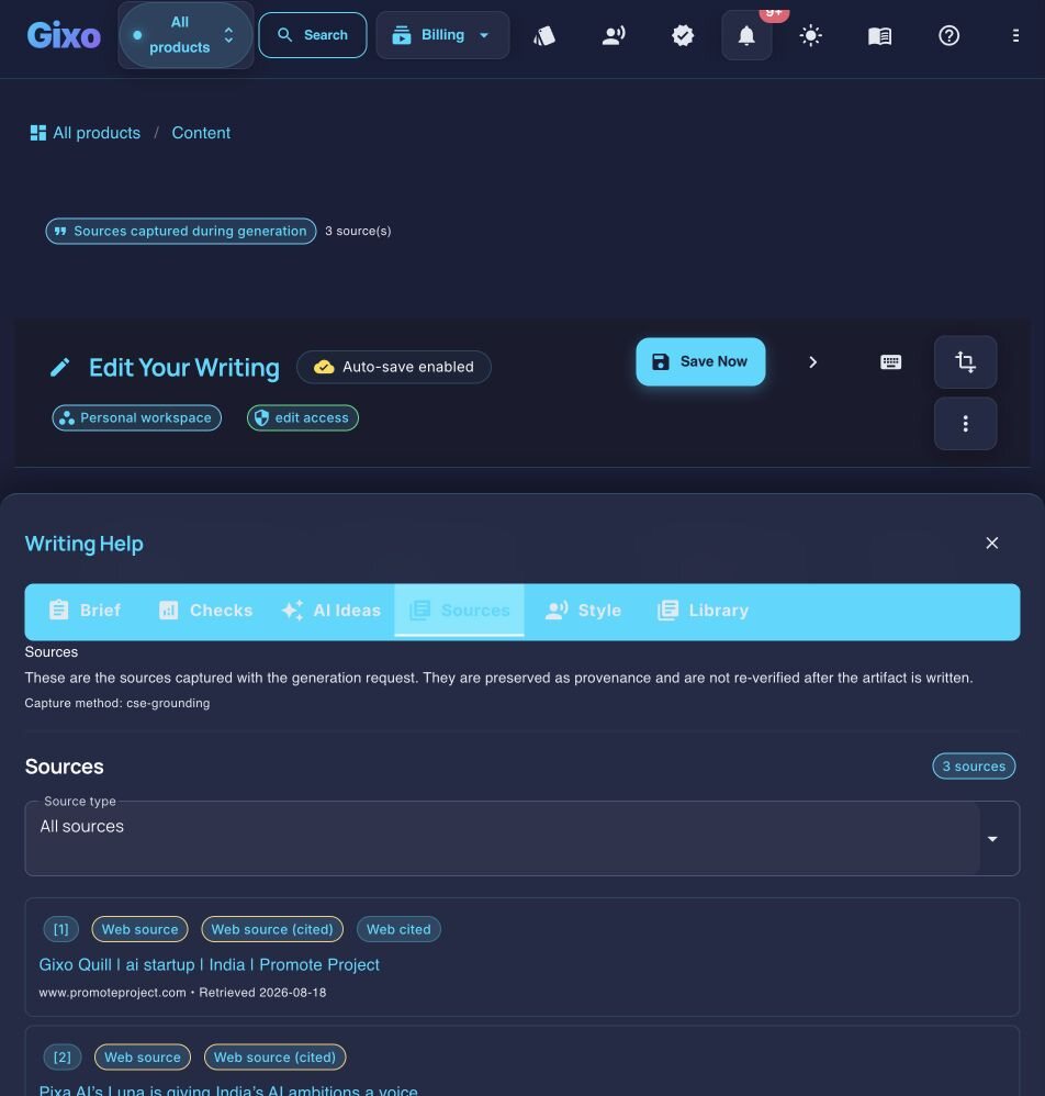 Current Gixo Quill editor with the Sources tab open, three captured web sources, retrieval dates, citation labels, and the provenance boundary