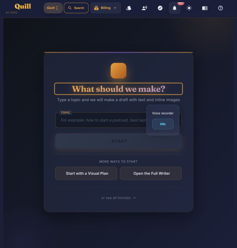Current Gixo Quill quick-create screen with a topic field, visual-plan option, full-writer option, and link to all writing formats